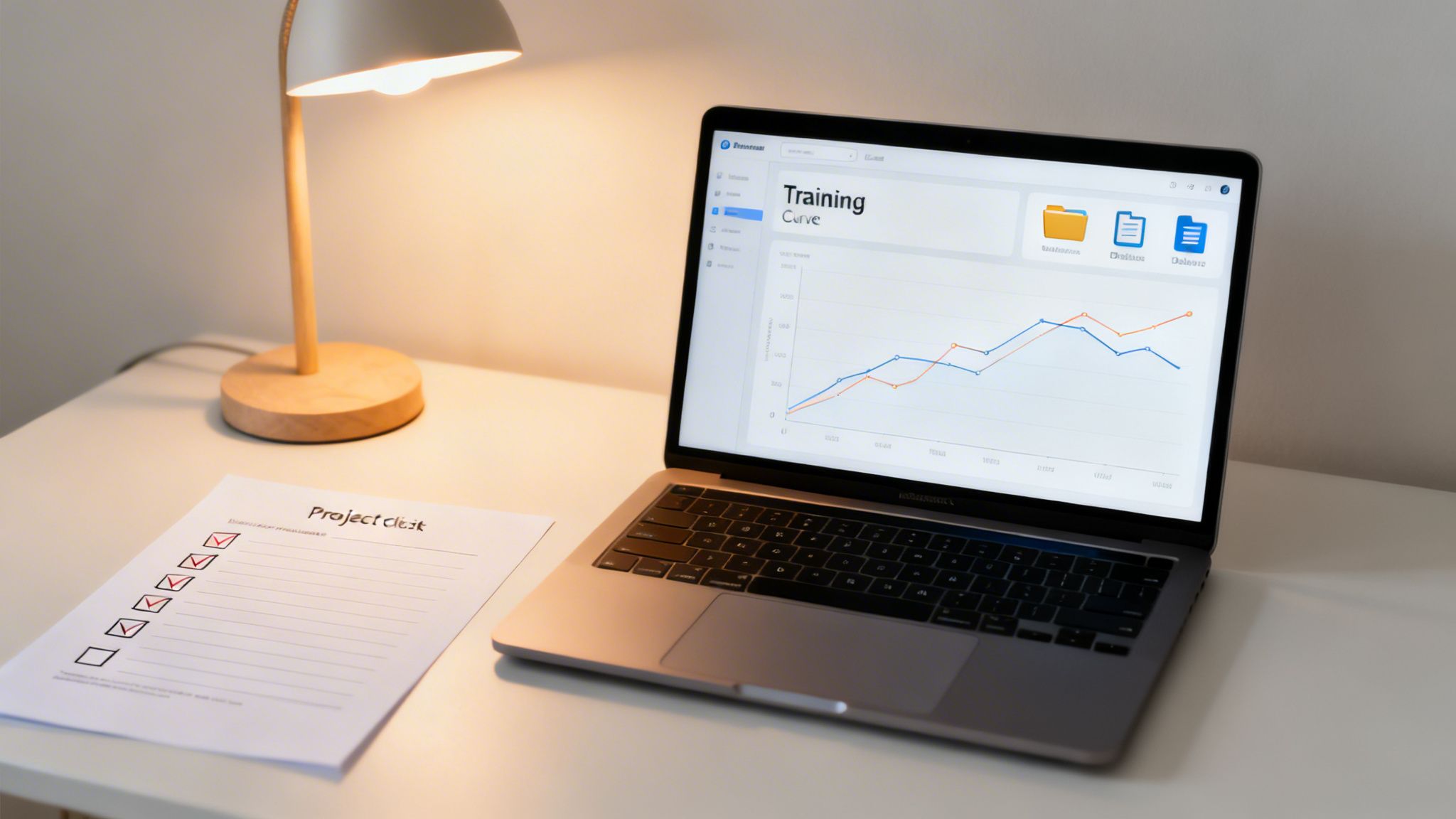 A brightly lit workspace with a laptop displaying a training curve graph and a project checklist.
