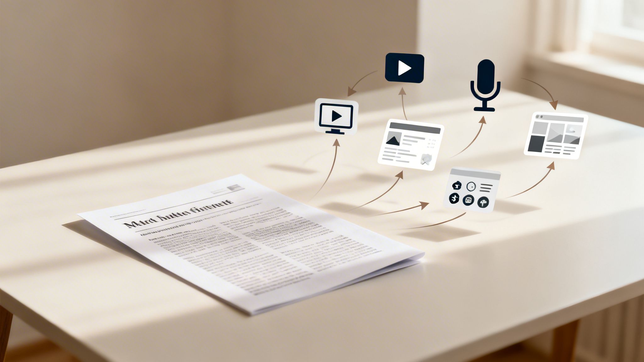 A printed document transforming into diverse digital content formats like video, audio, and web layouts.