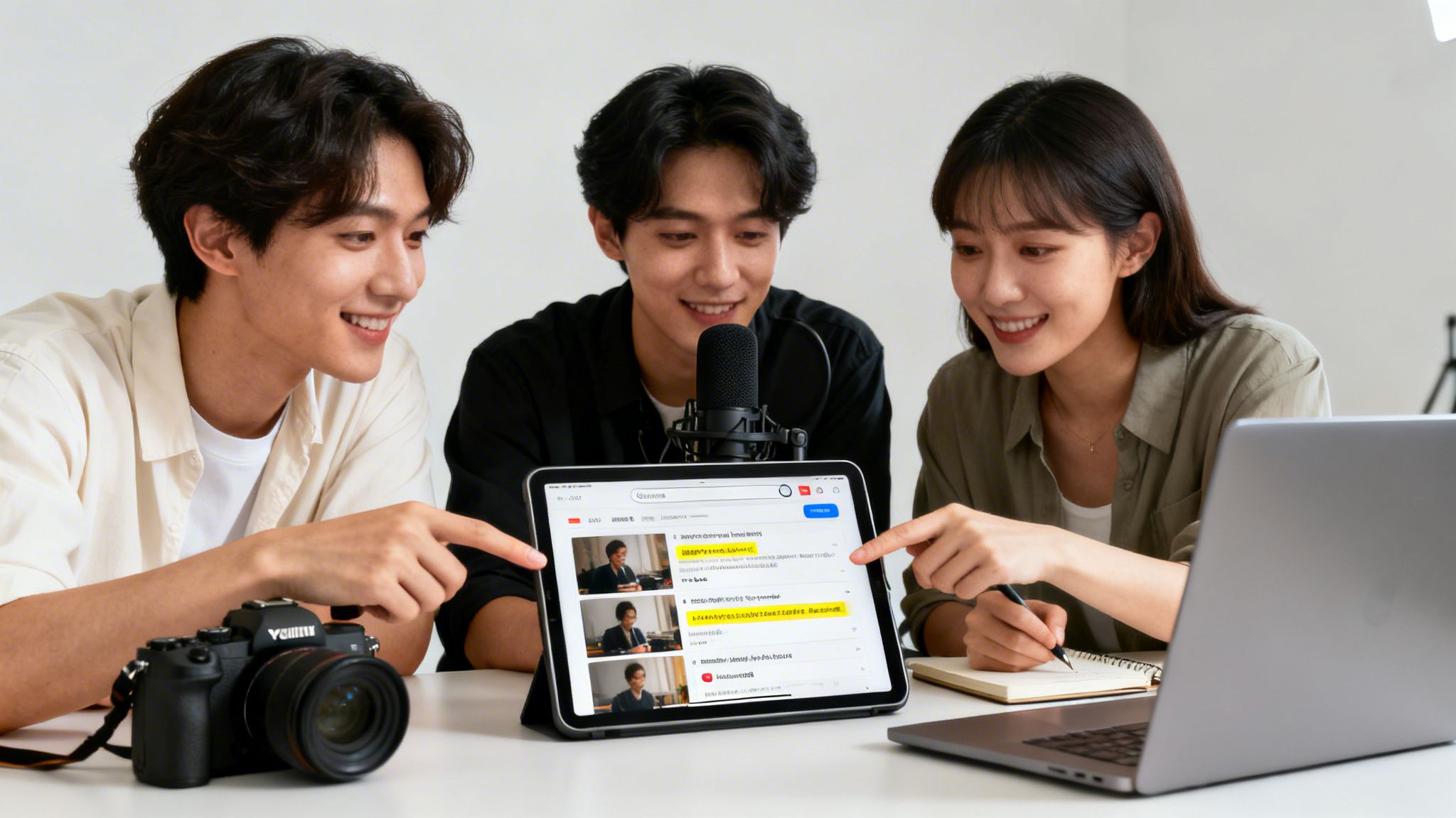 Three young Asian content creators collaborating on a tablet, discussing a content discovery platform.