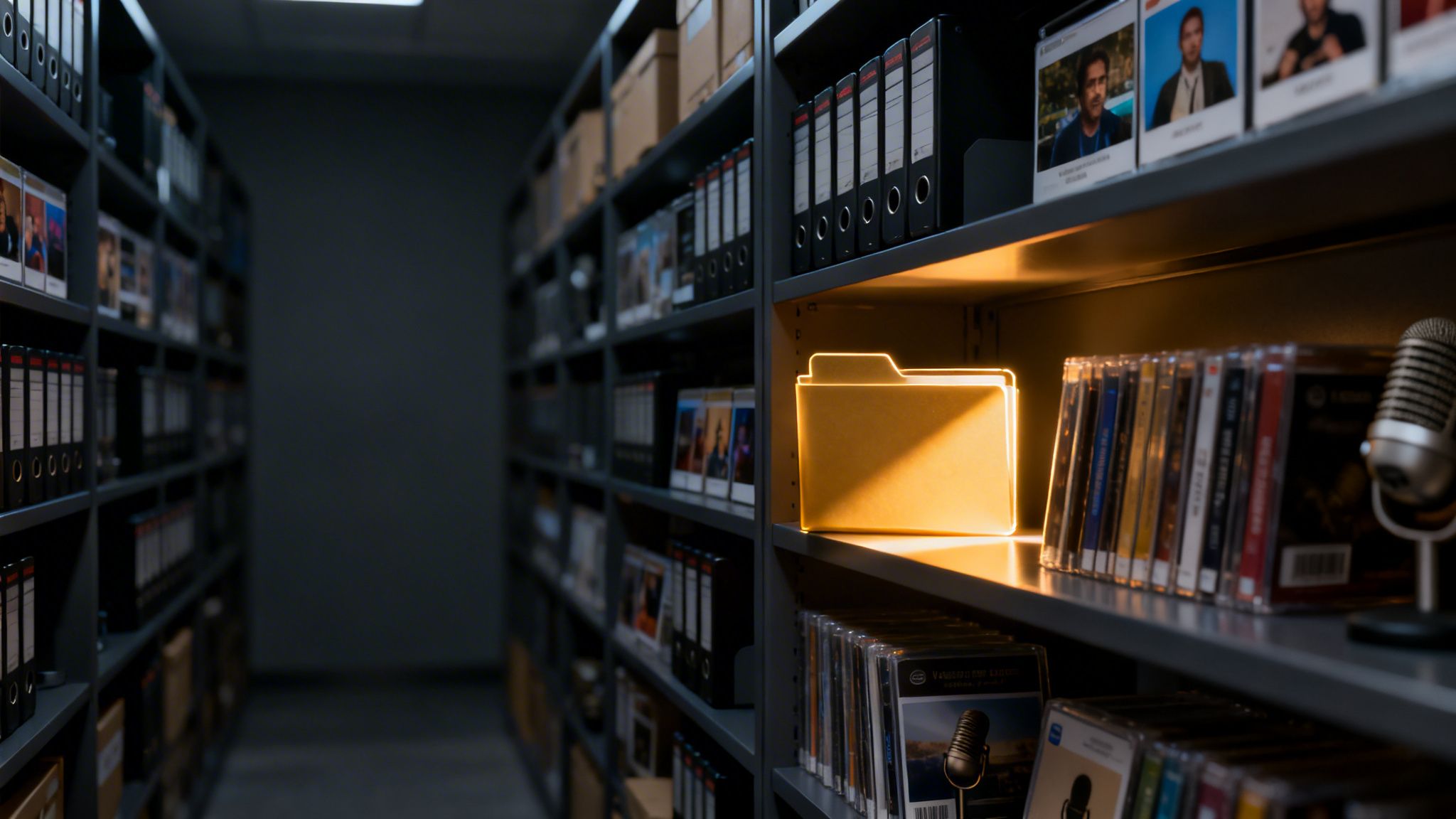 A glowing file folder stands out on a shelf in a dimly lit archive room with binders and CDs.