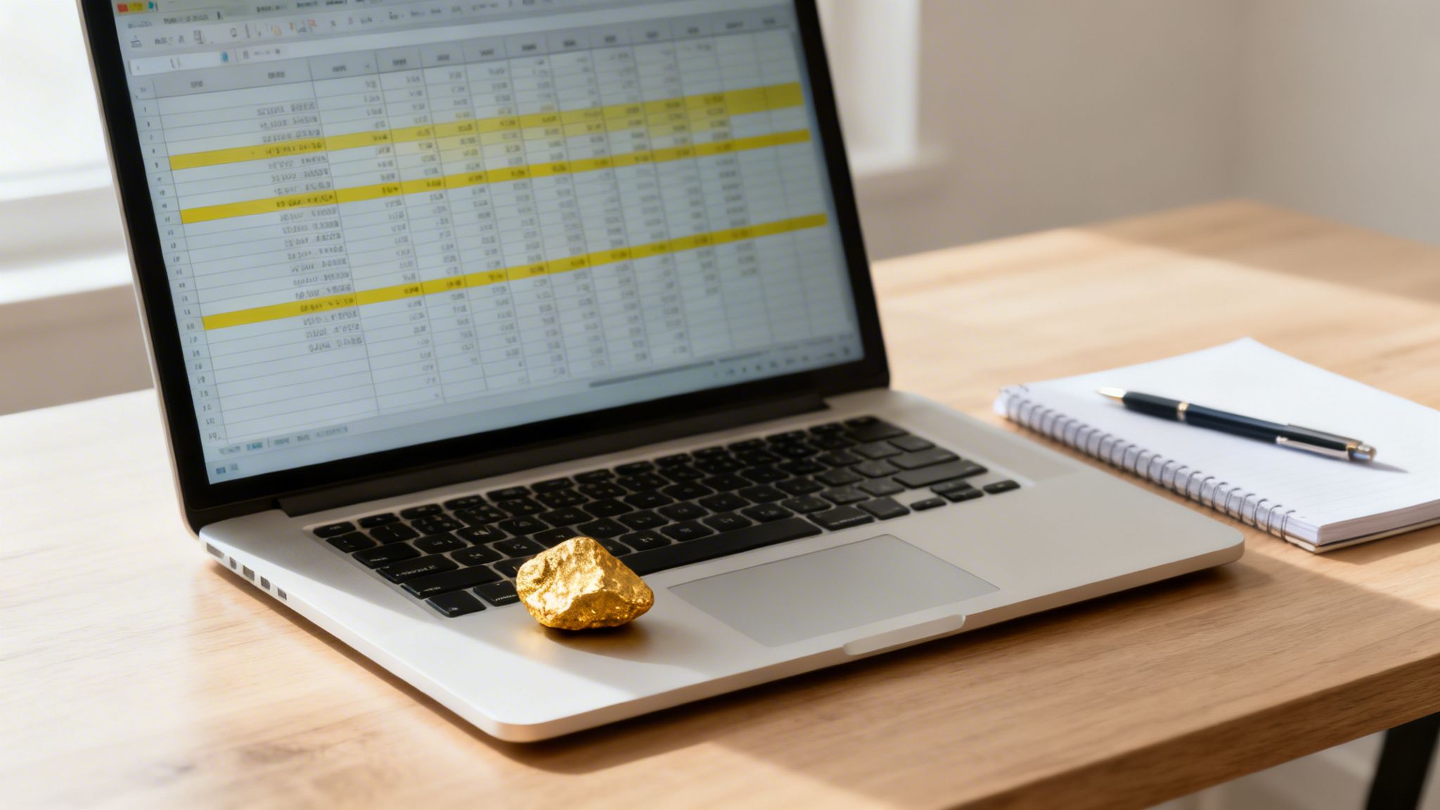 A laptop showing a spreadsheet, a gold nugget, a notebook, and a pen on a wooden desk.