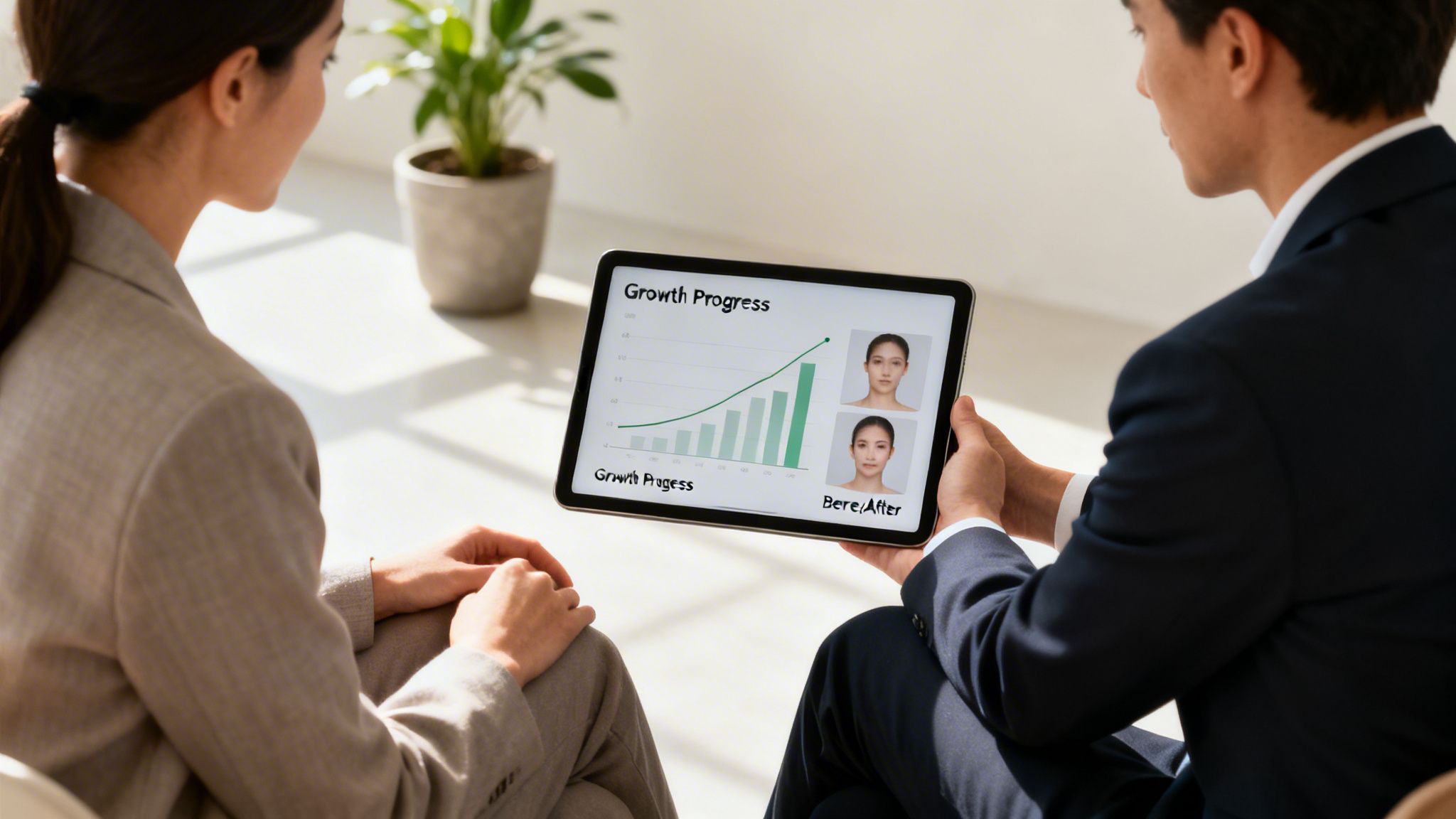Two business professionals discussing a tablet displaying growth progress charts and before/after facial images.