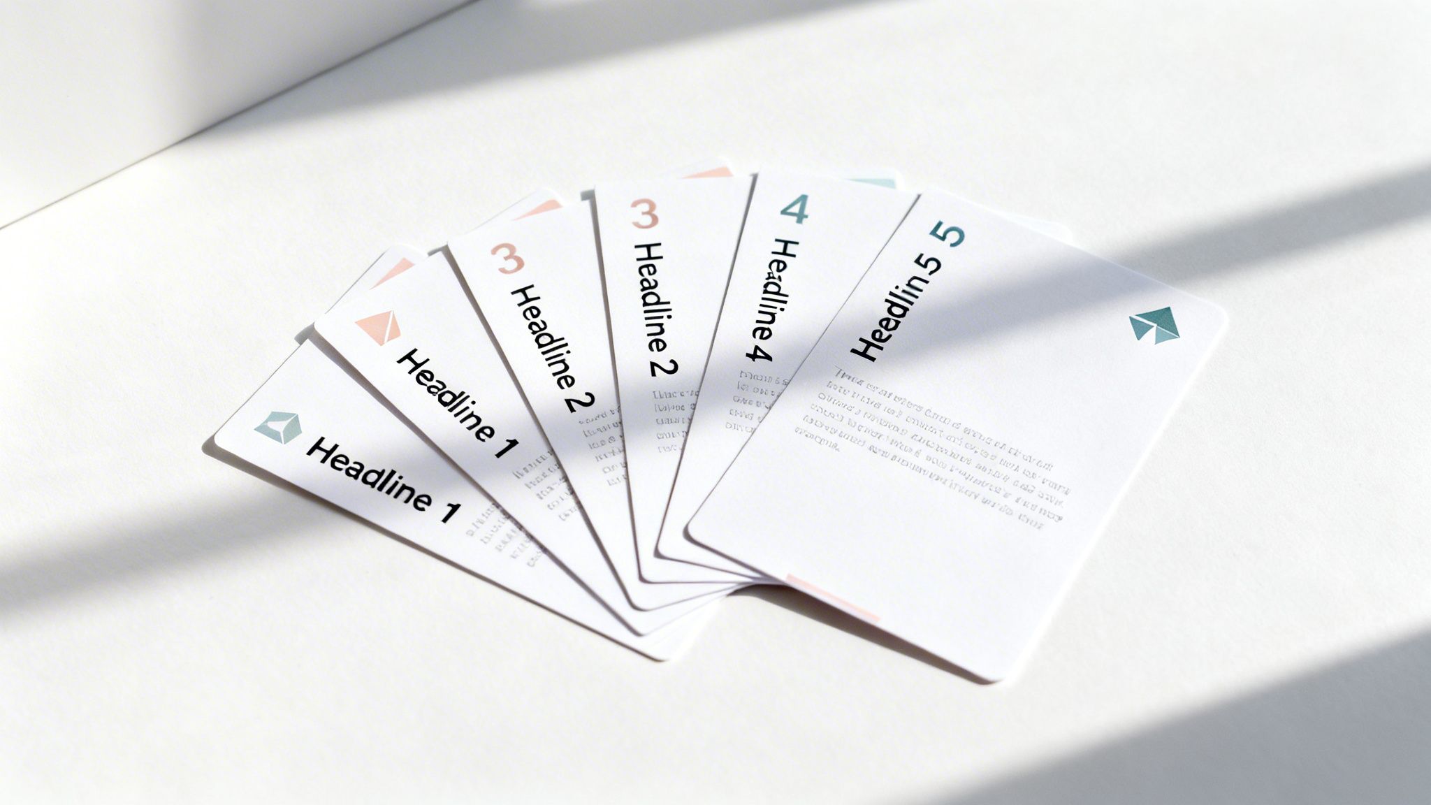 A fanned arrangement of five white cards displaying headlines, numbers, and geometric logos on a bright surface.