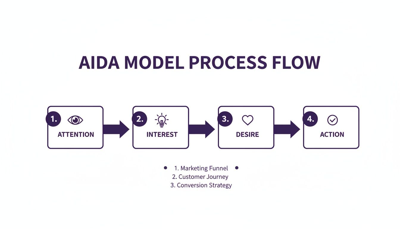 AIDA model process flow diagram illustrating customer journey steps: Attention, Interest, Desire, Action, essential for marketing funnels.