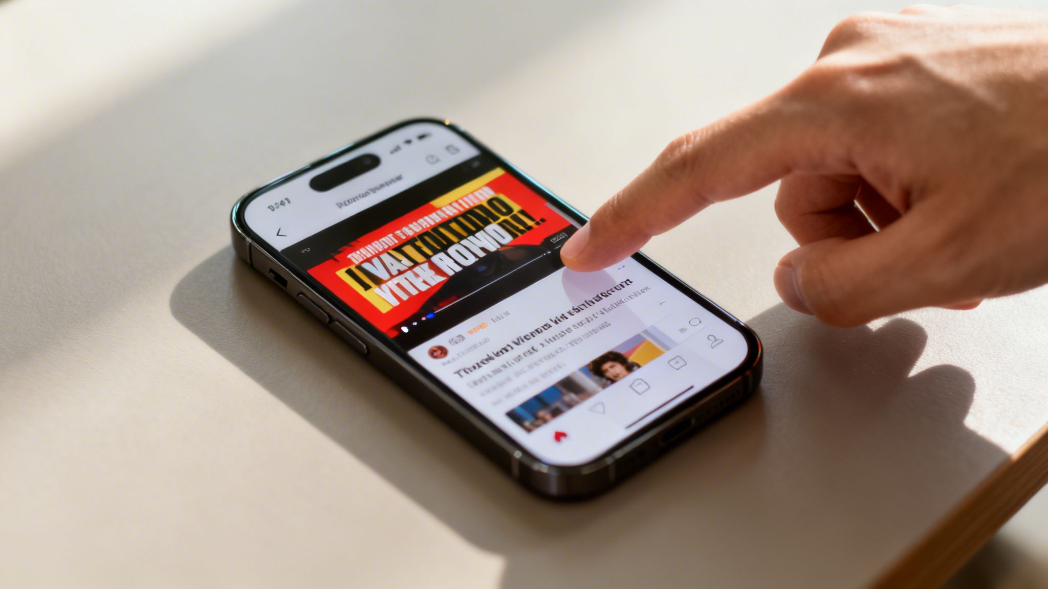 A person's hand tapping a smartphone screen displaying a video and social media content.