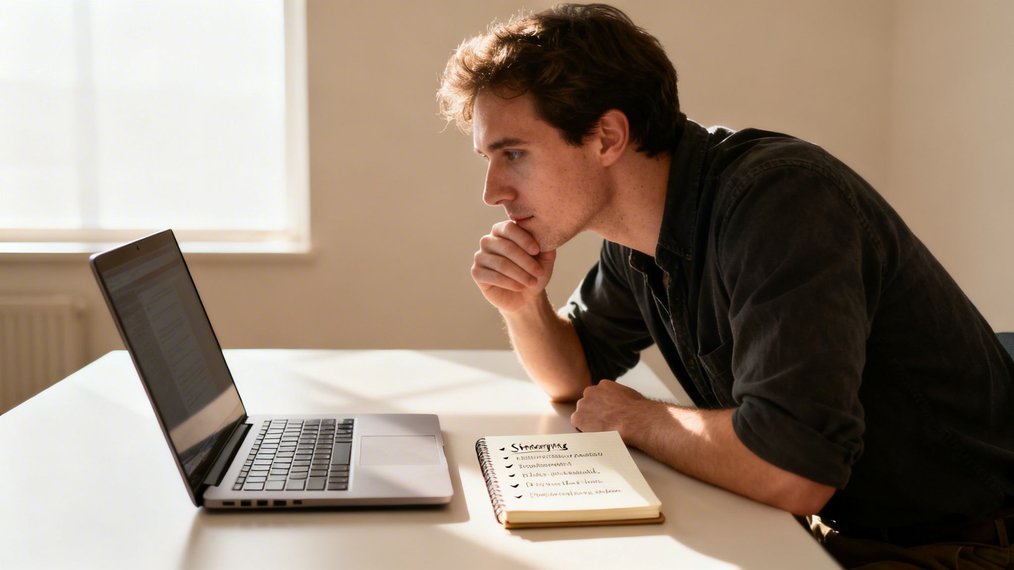 A thoughtful man in a dark shirt looks at a laptop, with a strategy notebook nearby.