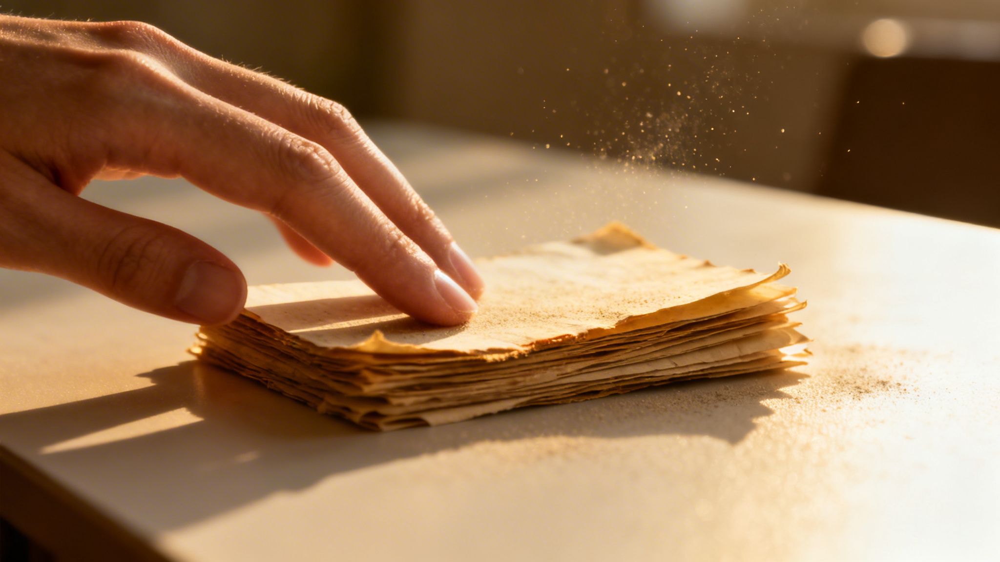 A hand gently reaches for a stack of old, dusty paper bathed in golden light.