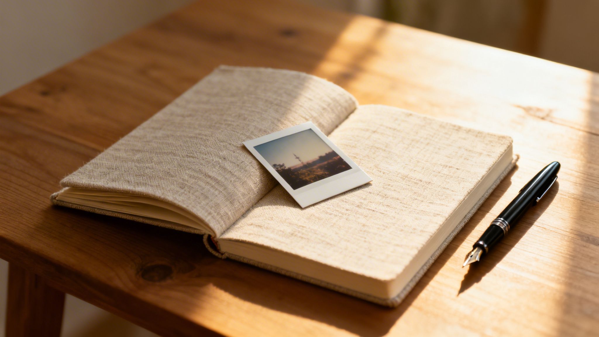 An open journal, a polaroid photo, and a fountain pen on a sunlit wooden table.