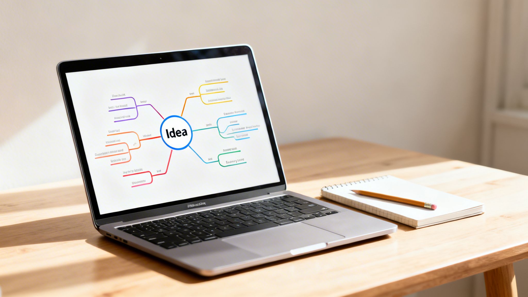 A MacBook displaying a colorful mind map titled 'Idea' on a wooden desk with a notebook and pencil.