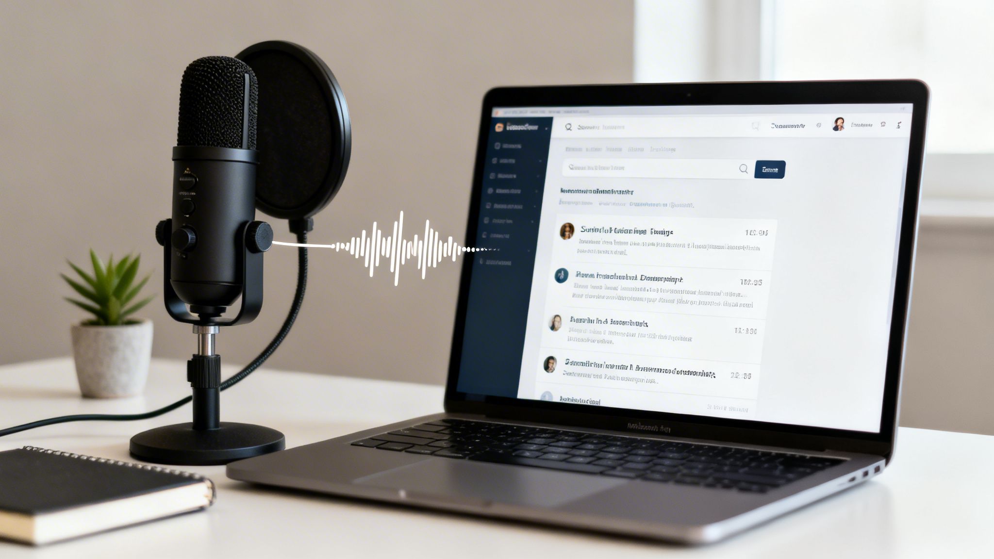 A black podcast microphone connected to a laptop displaying sound waves and an application.