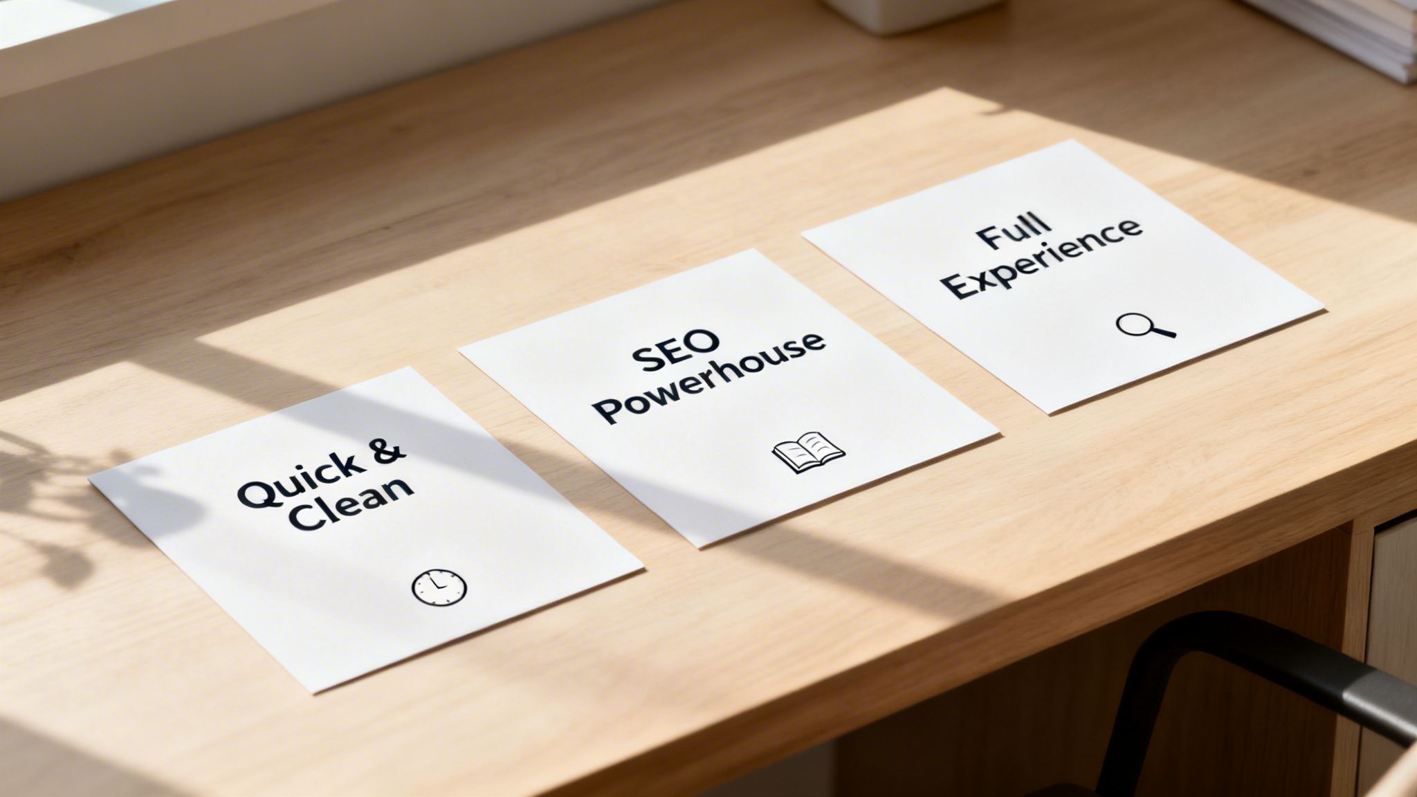 Three white cards on a wooden desk display 'Quick & Clean', 'SEO Powerhouse', and 'Full Experience' with related icons.