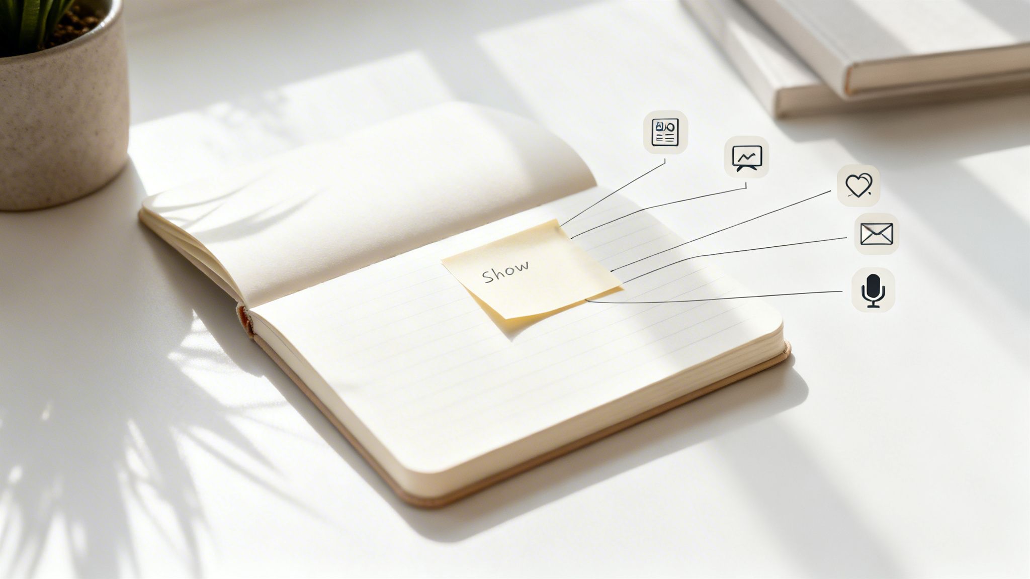 An open notebook with a 'Show' sticky note linked to icons for podcast show notes.