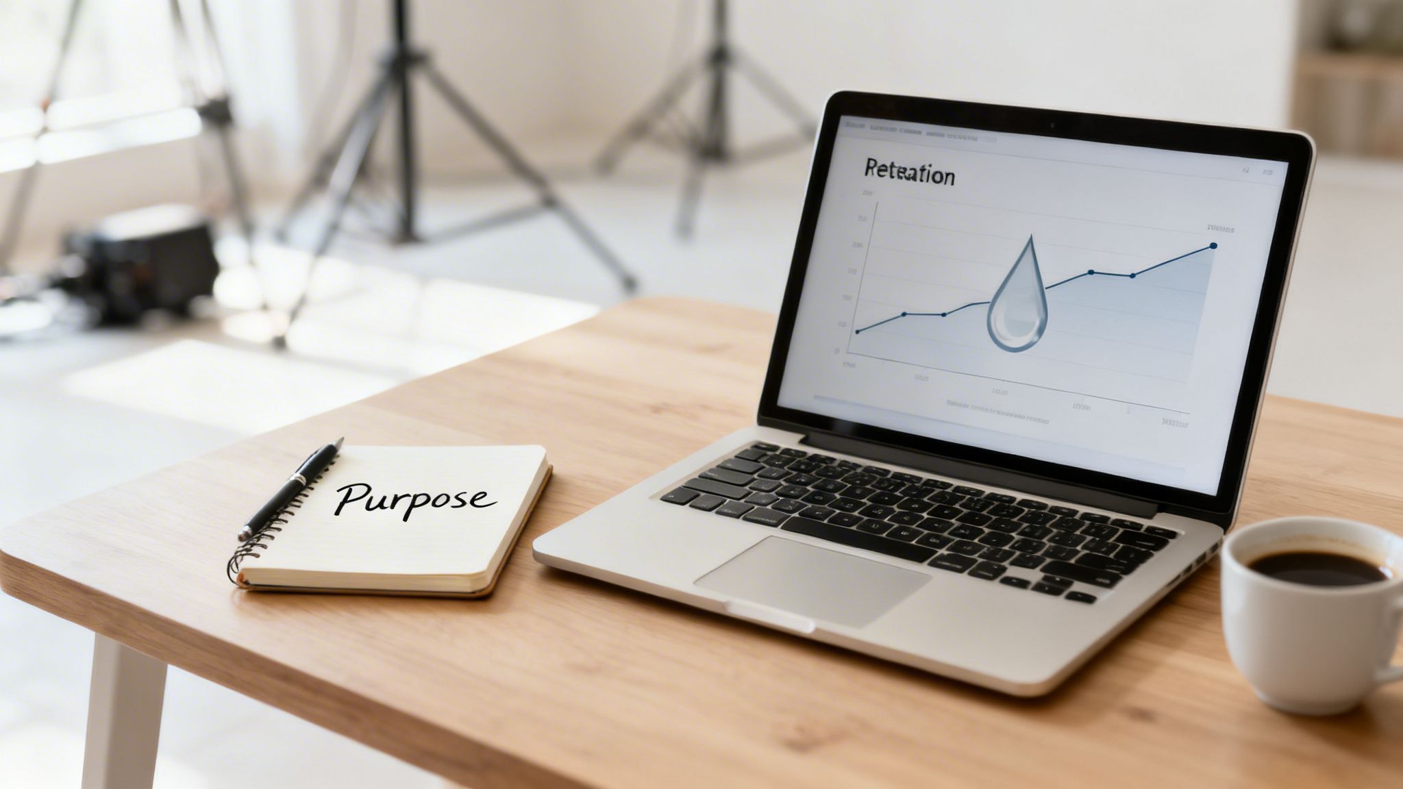Desk setup with a laptop showing a retention graph, 'Purpose' notebook, pen, and coffee.