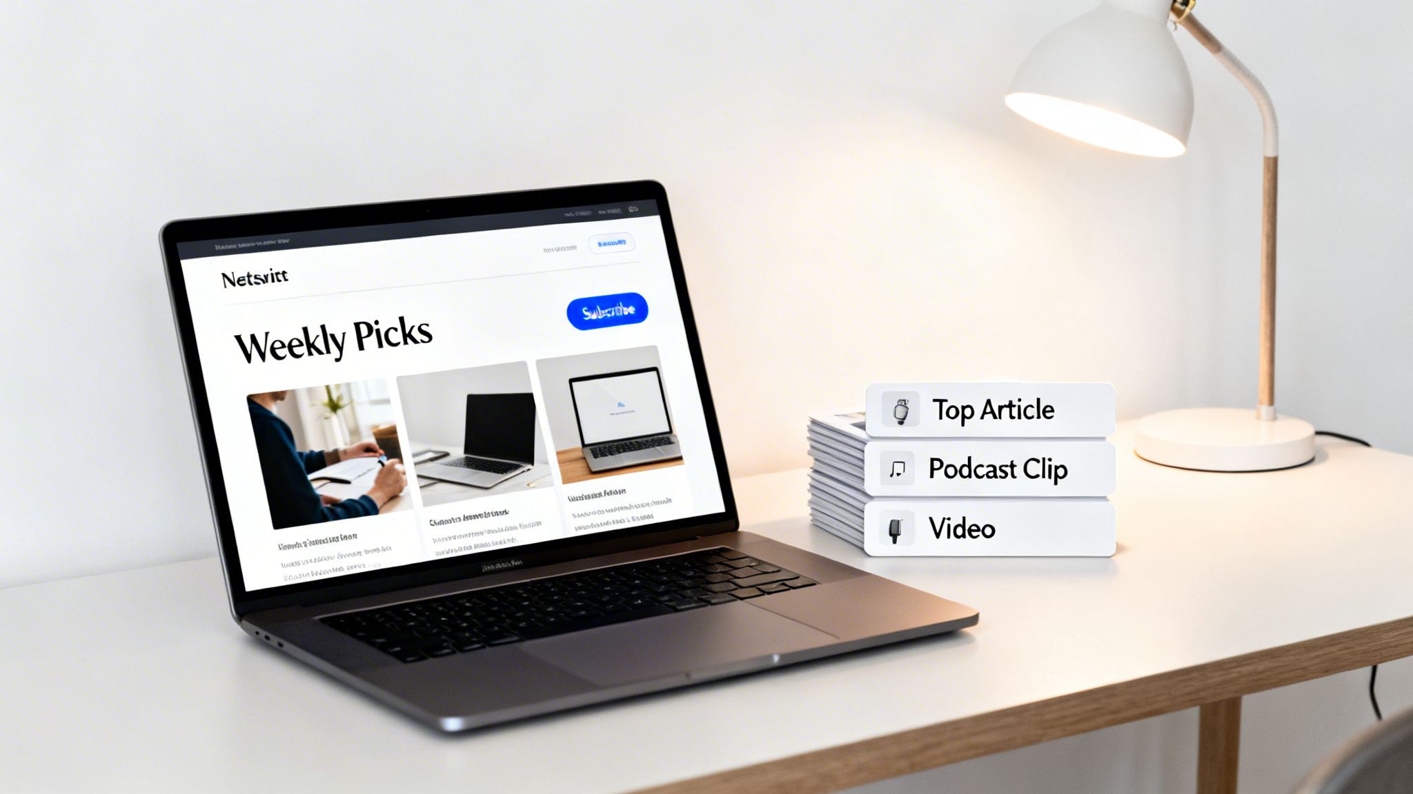 A laptop on a desk displaying a 'Weekly Picks' newsletter, next to a stack of content blocks and a desk lamp.
