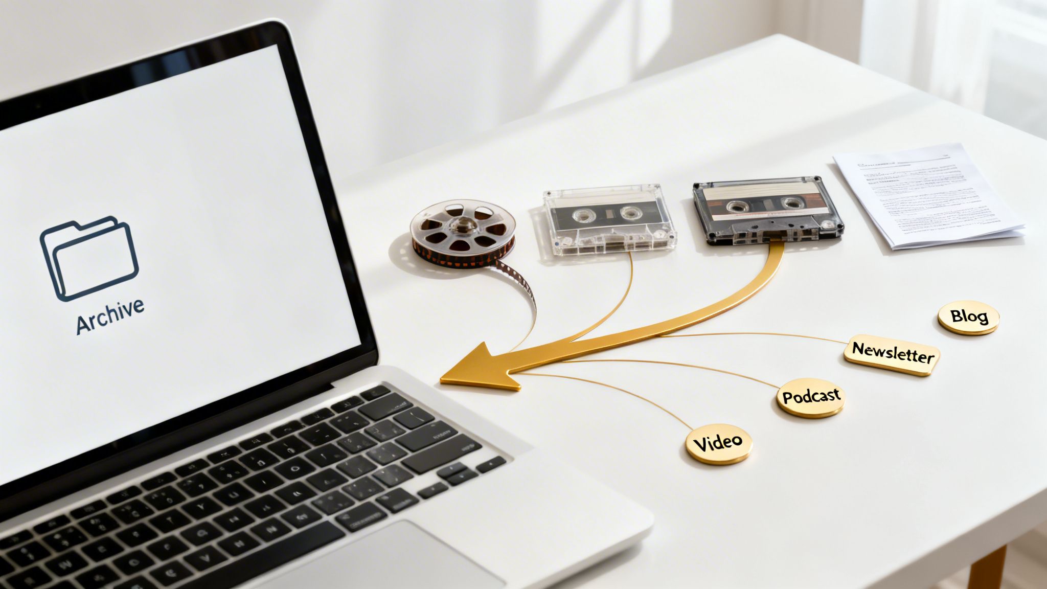 Old media like film reels and cassettes are shown converting to digital archives on a laptop.