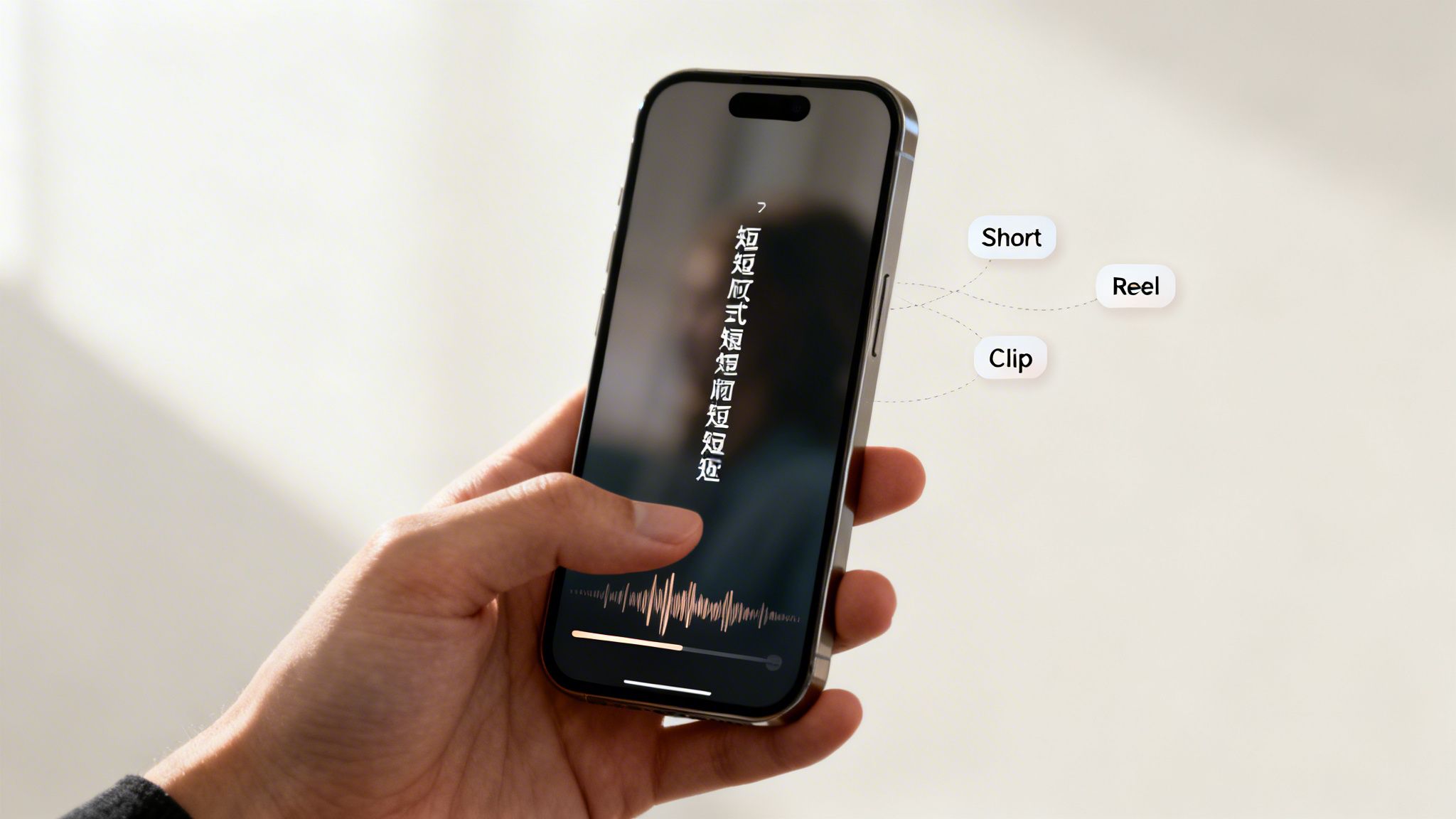 A hand holds a smartphone displaying audio waveforms and Chinese text, with 'Short,' 'Reel,' and 'Clip' labels.