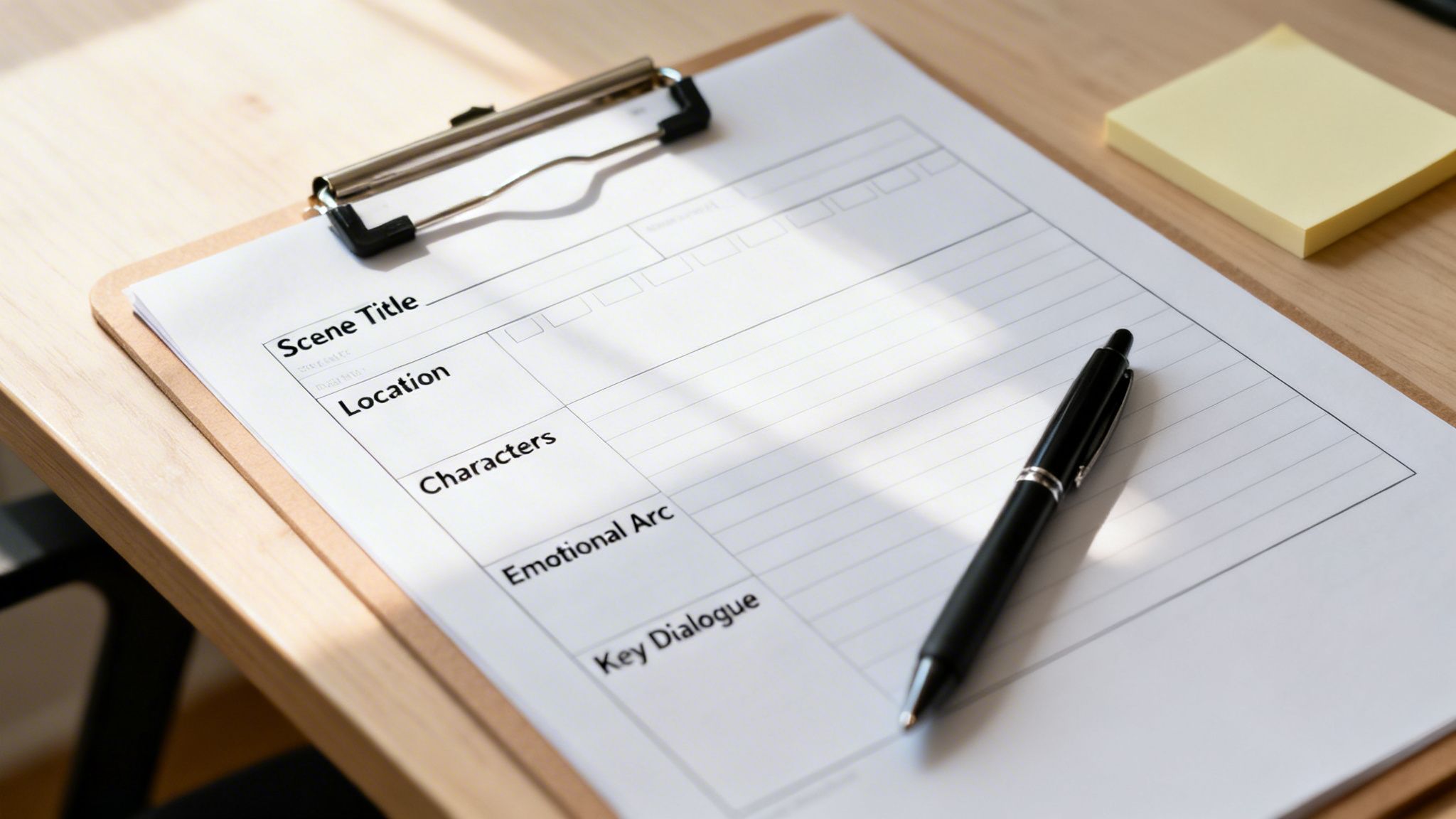A scene breakdown template on a clipboard with a pen on a wooden desk, perfect for story planning.
