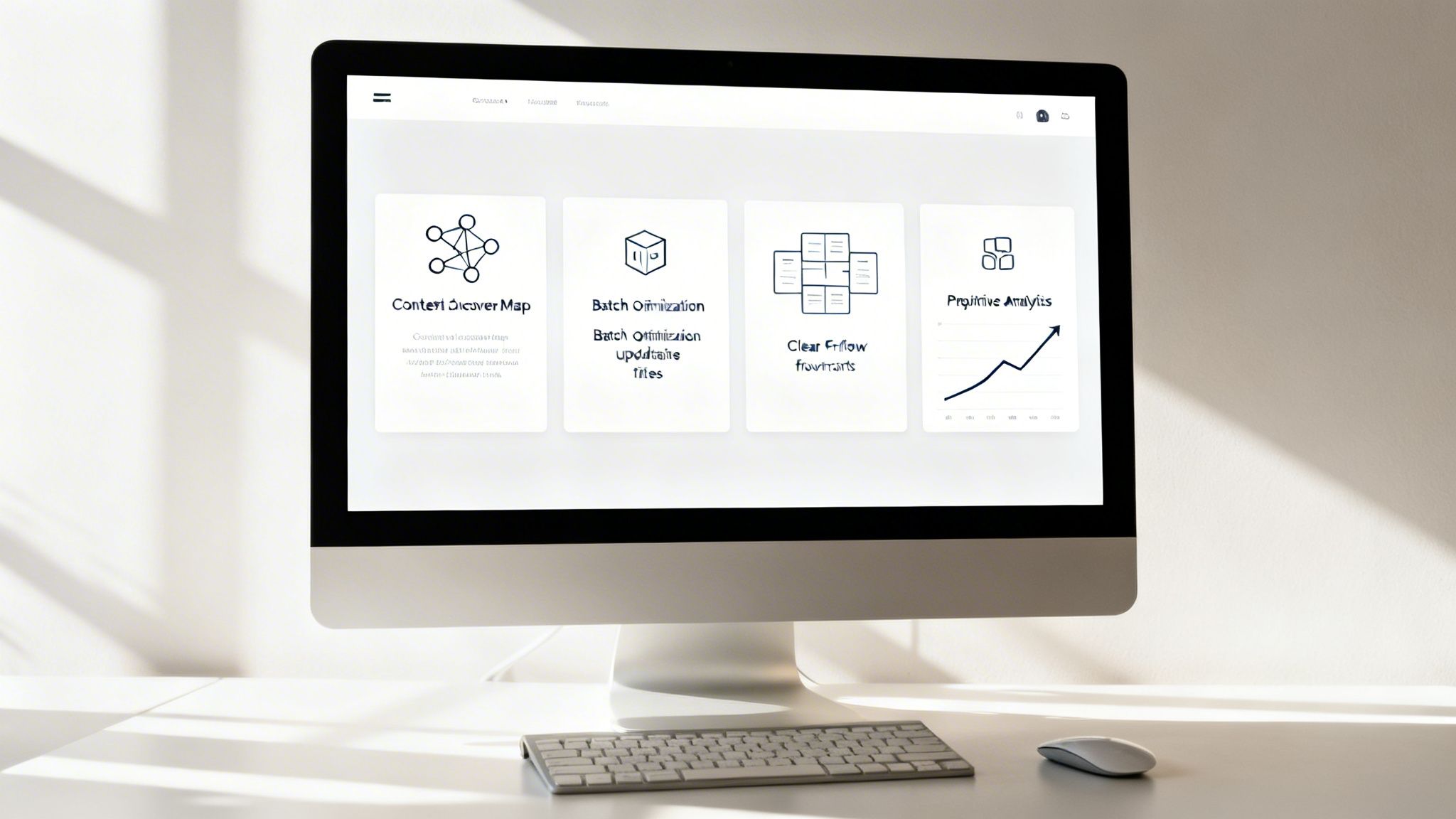 A desktop monitor displays a clean web interface for an automation platform with four feature cards on a white desk.