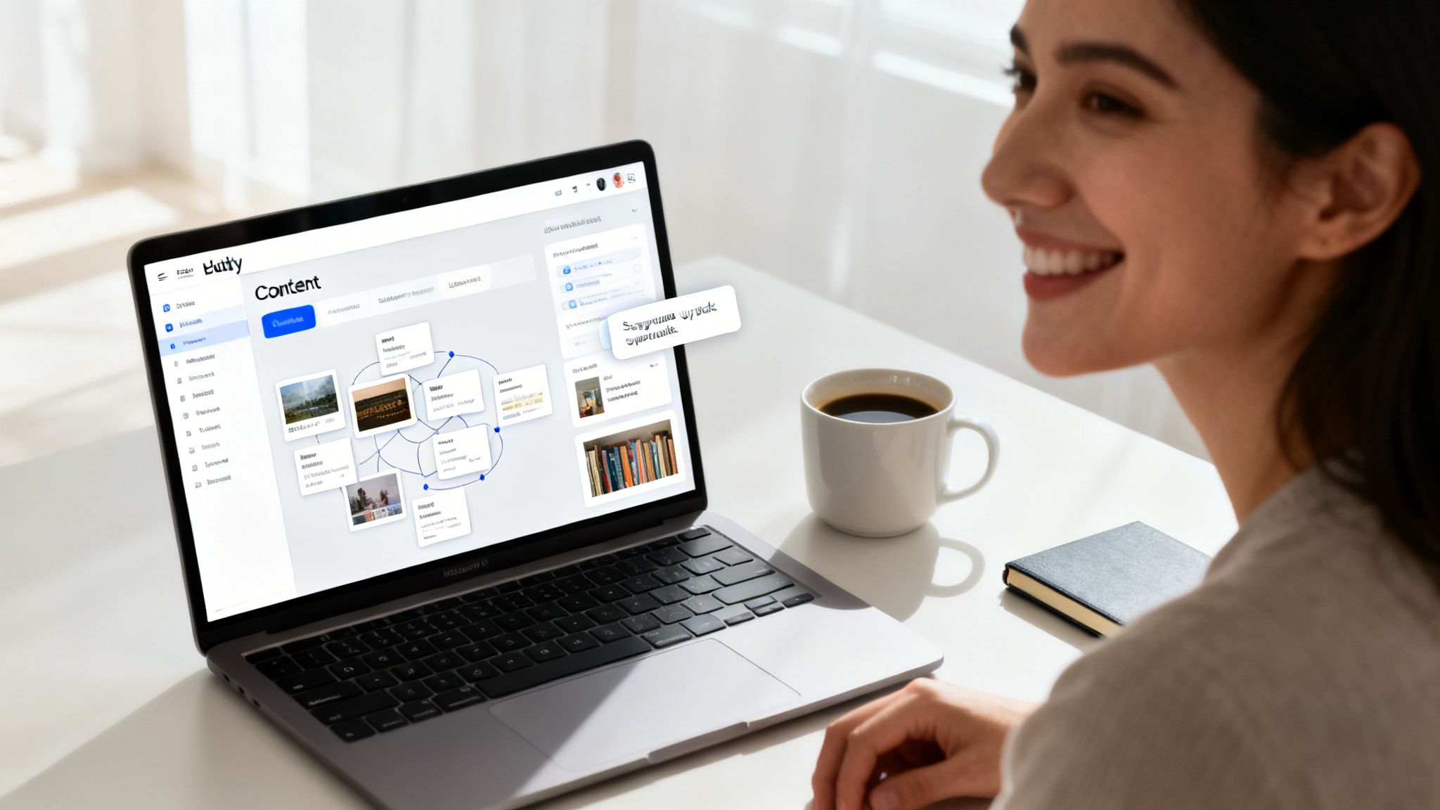 A smiling woman uses a laptop displaying a content management platform, with coffee and a notebook nearby.