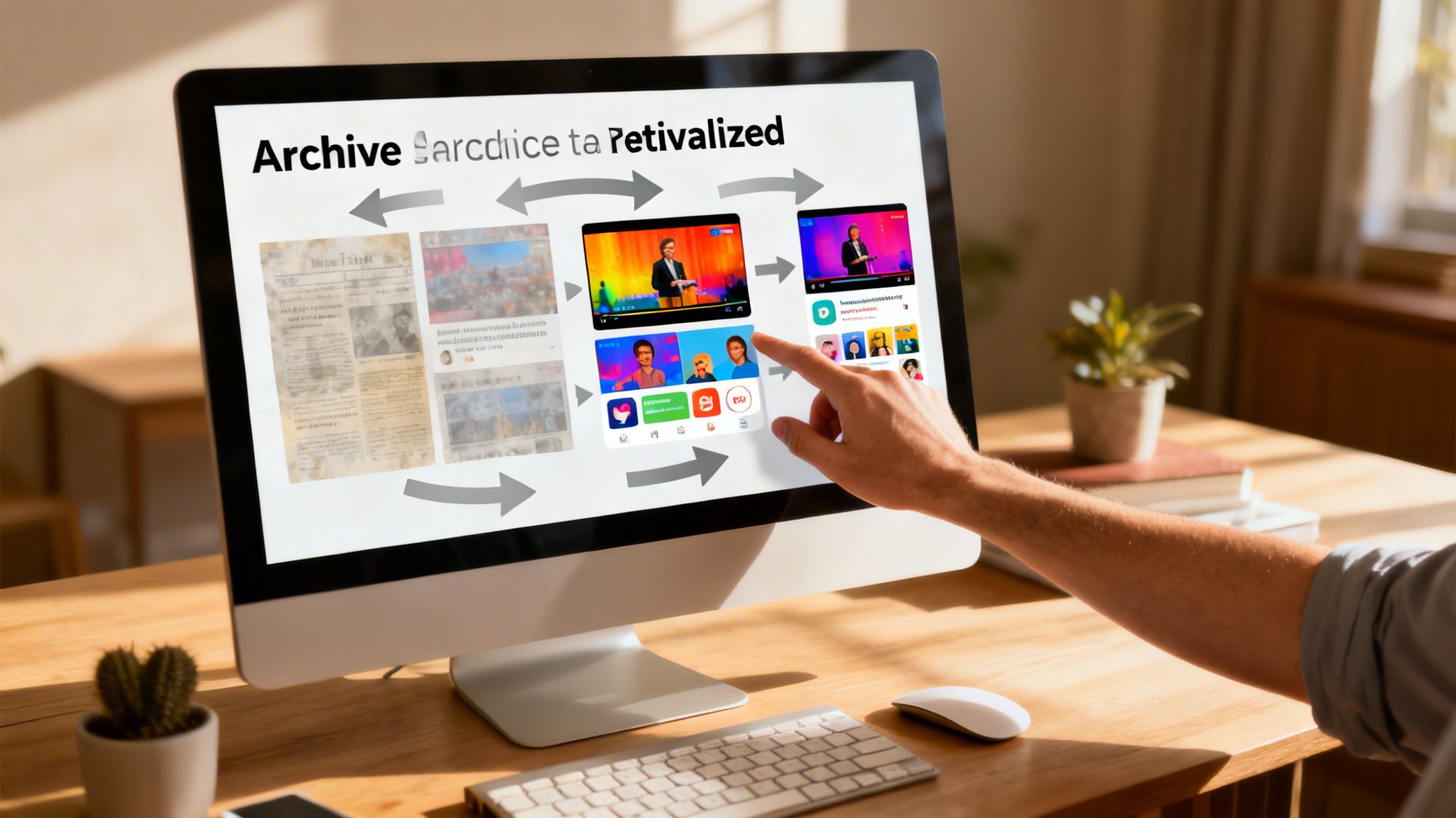 A hand points at a computer screen showing a diagram of archive digitalization flow with videos and social media apps.