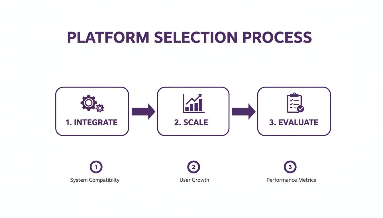 A diagram illustrates the platform selection process with three steps: Integrate, Scale, and Evaluate.