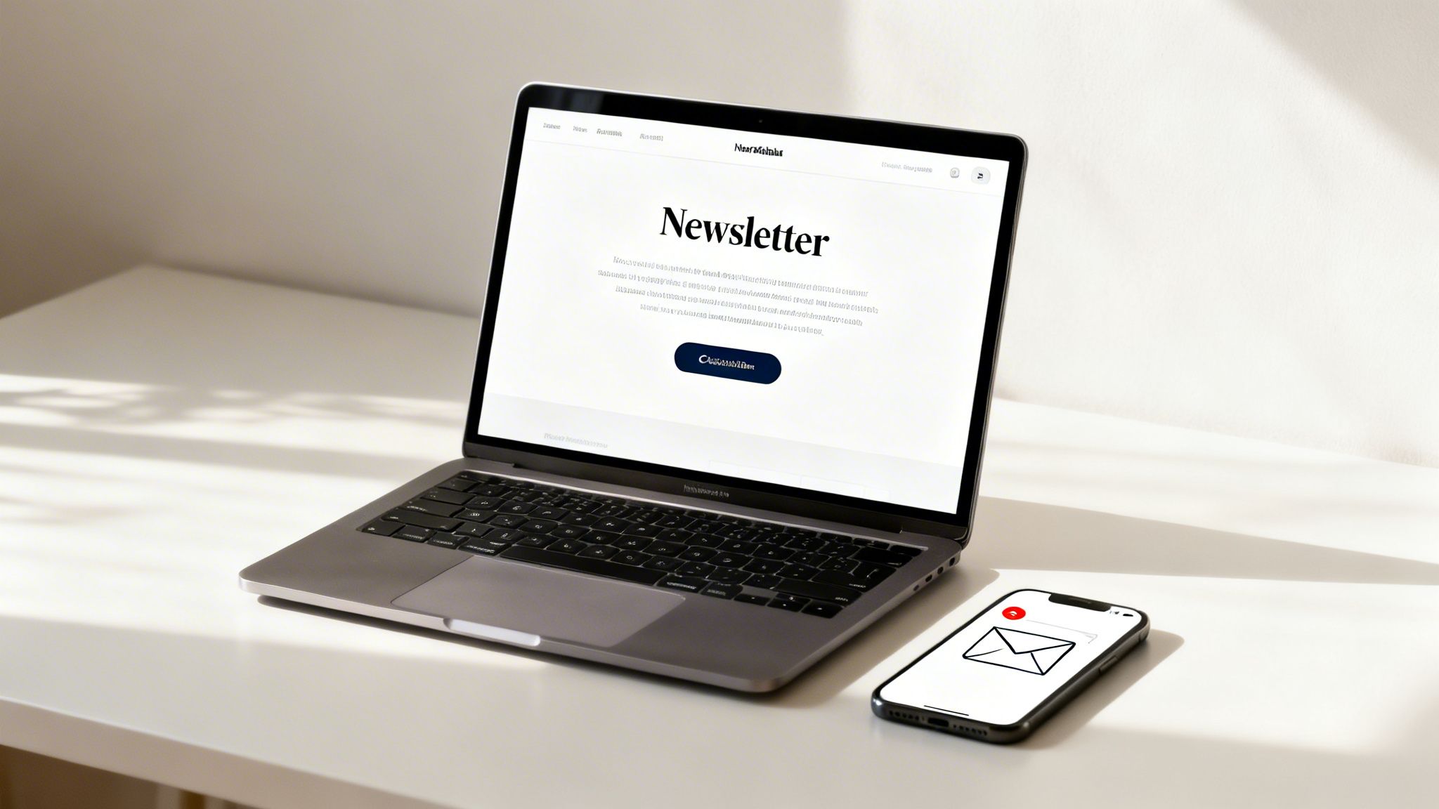 A laptop displaying a newsletter sign-up page and a smartphone with an email icon on a bright desk.