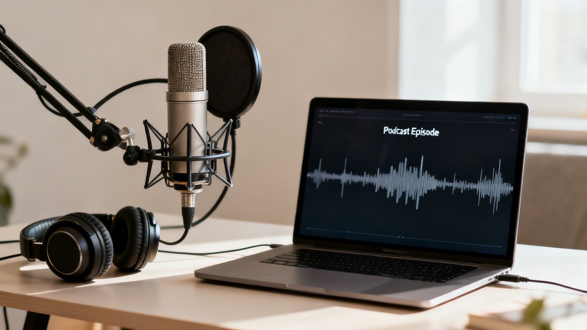 A modern podcast studio setup with a condenser microphone, professional headphones, and a laptop displaying an audio waveform.