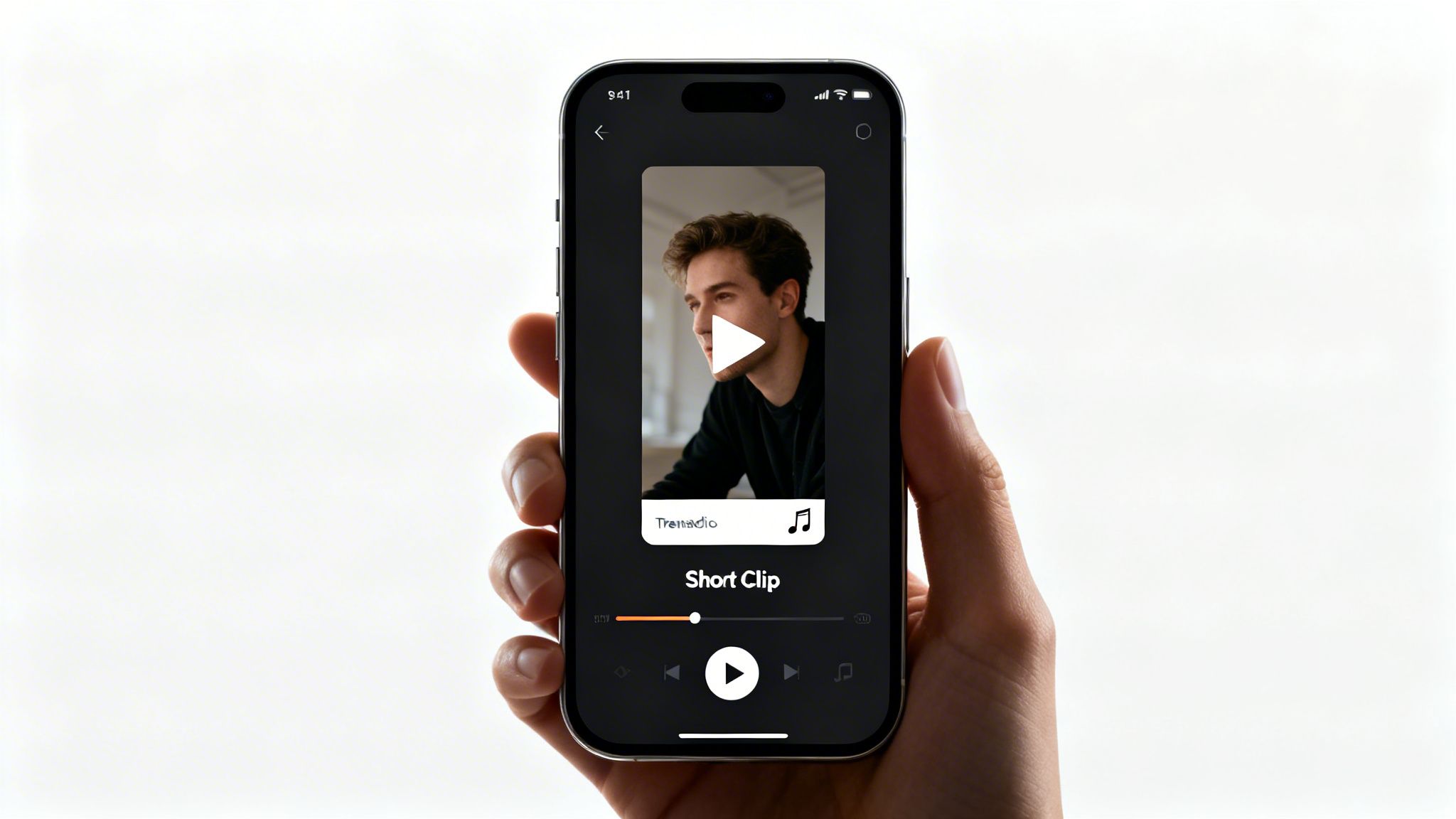 A hand holds a smartphone displaying a video player interface with a short clip of a man.