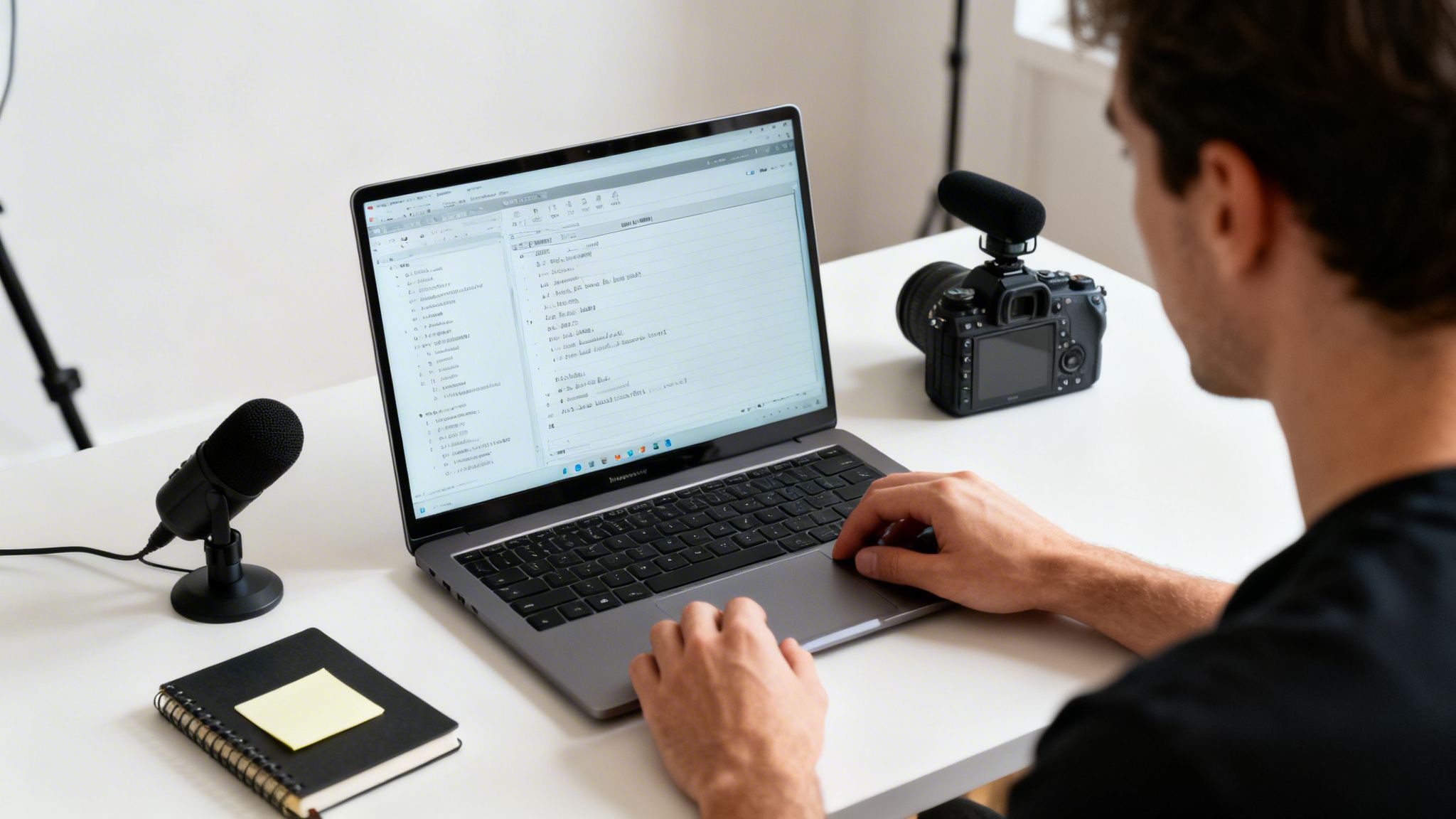 A person typing on a laptop with a microphone and camera on a white desk, ideal for content creation.