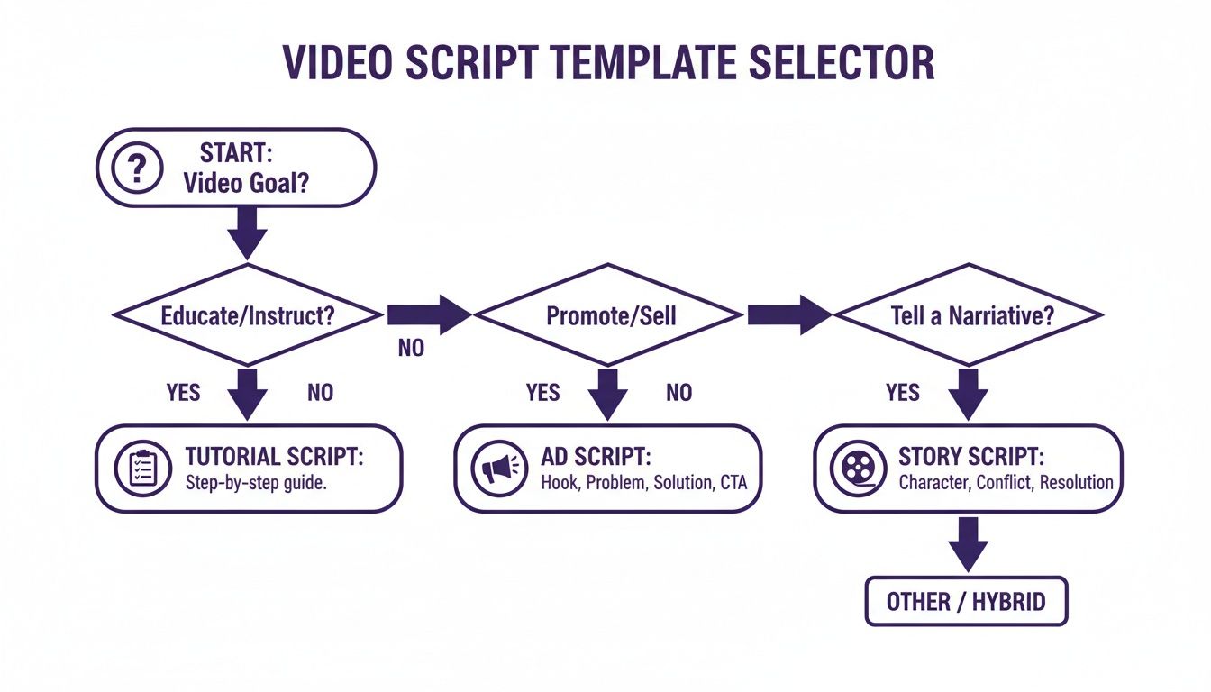 Flowchart for selecting video script templates based on goals like educate, promote, or narrate.