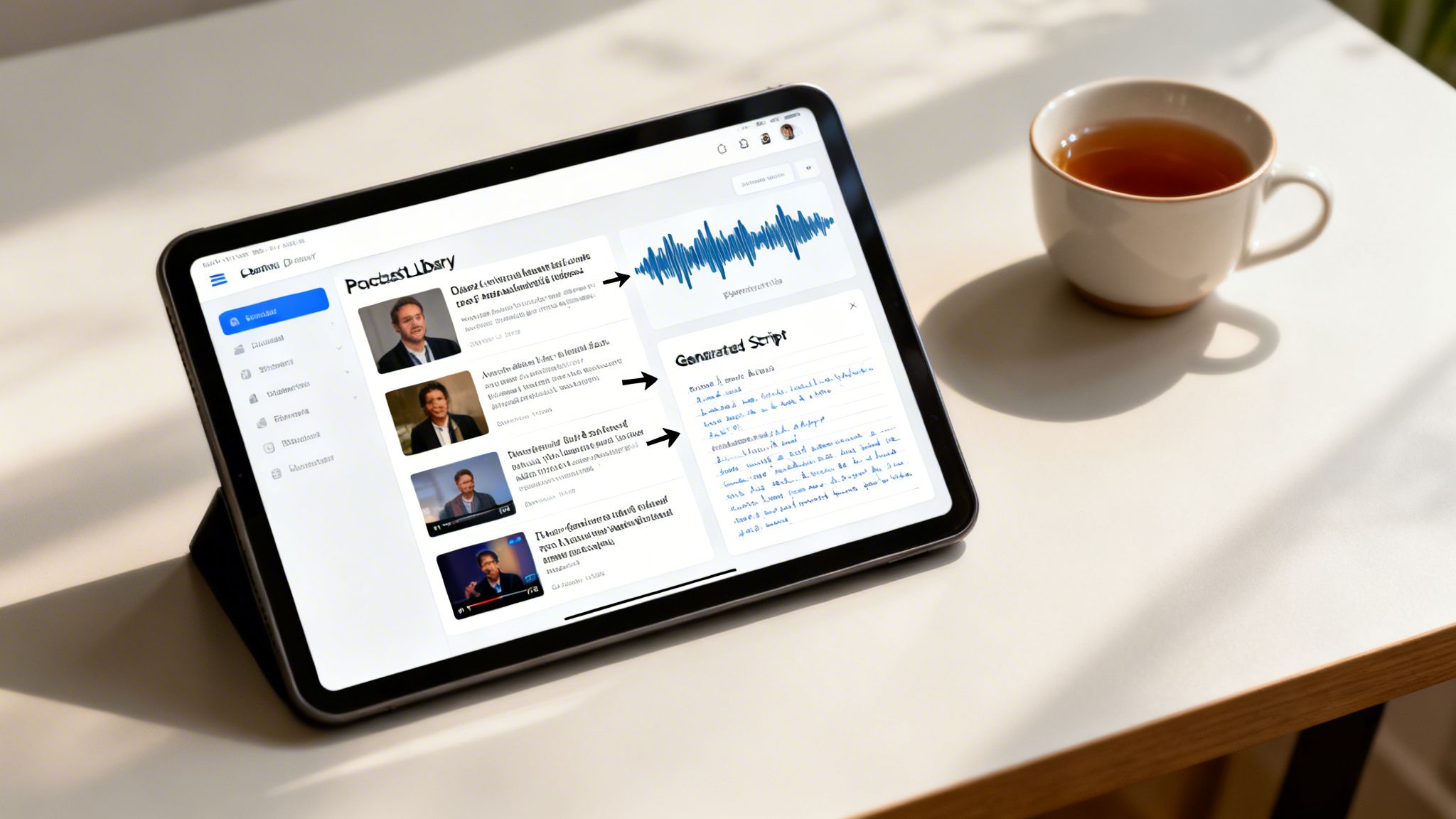 A tablet displays a podcast library, waveform, and generated script next to a cup of tea.