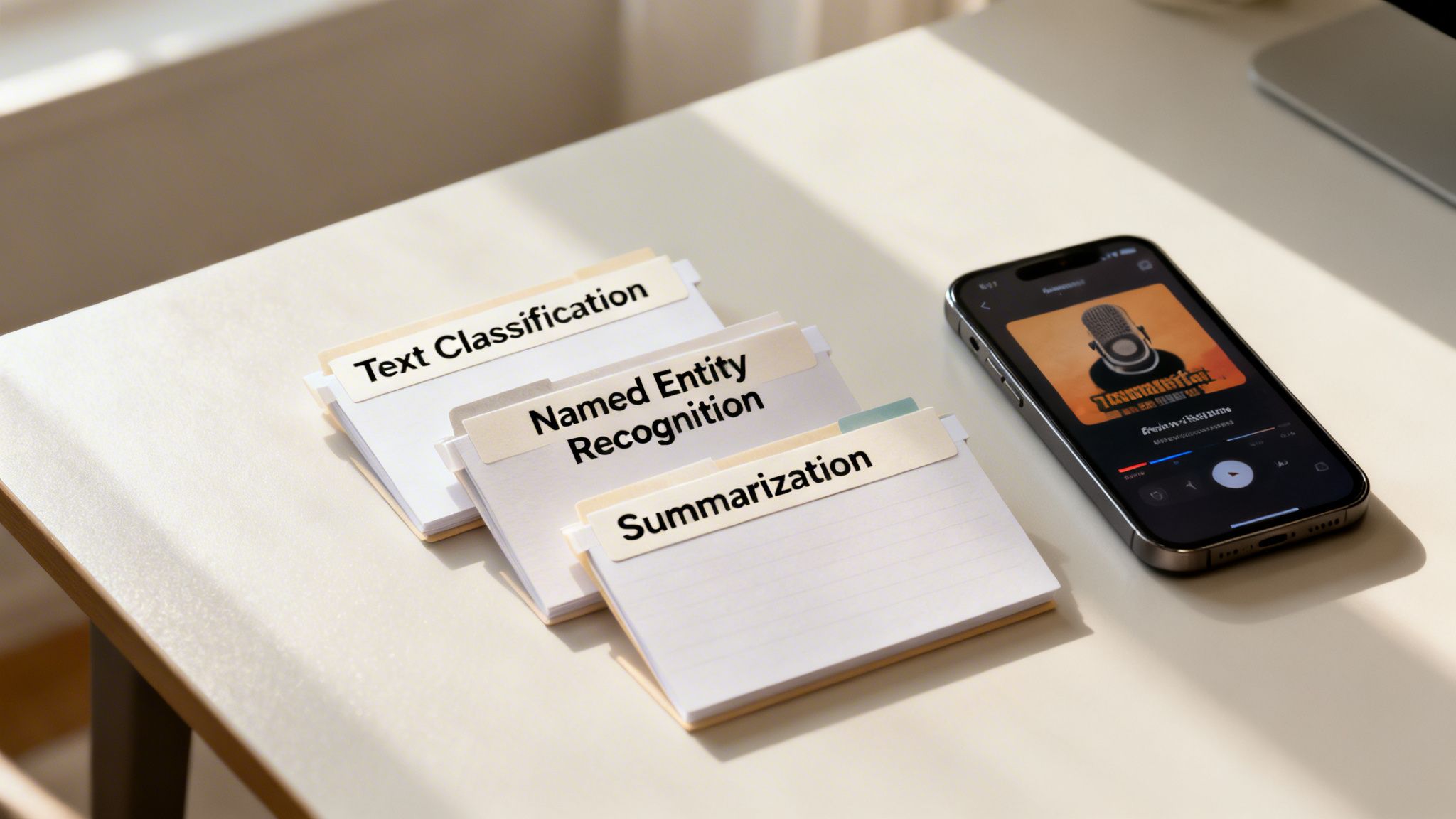 Index cards with 'Text Classification', 'Named Entity Recognition', and 'Summarization' topics next to a smartphone playing a podcast.