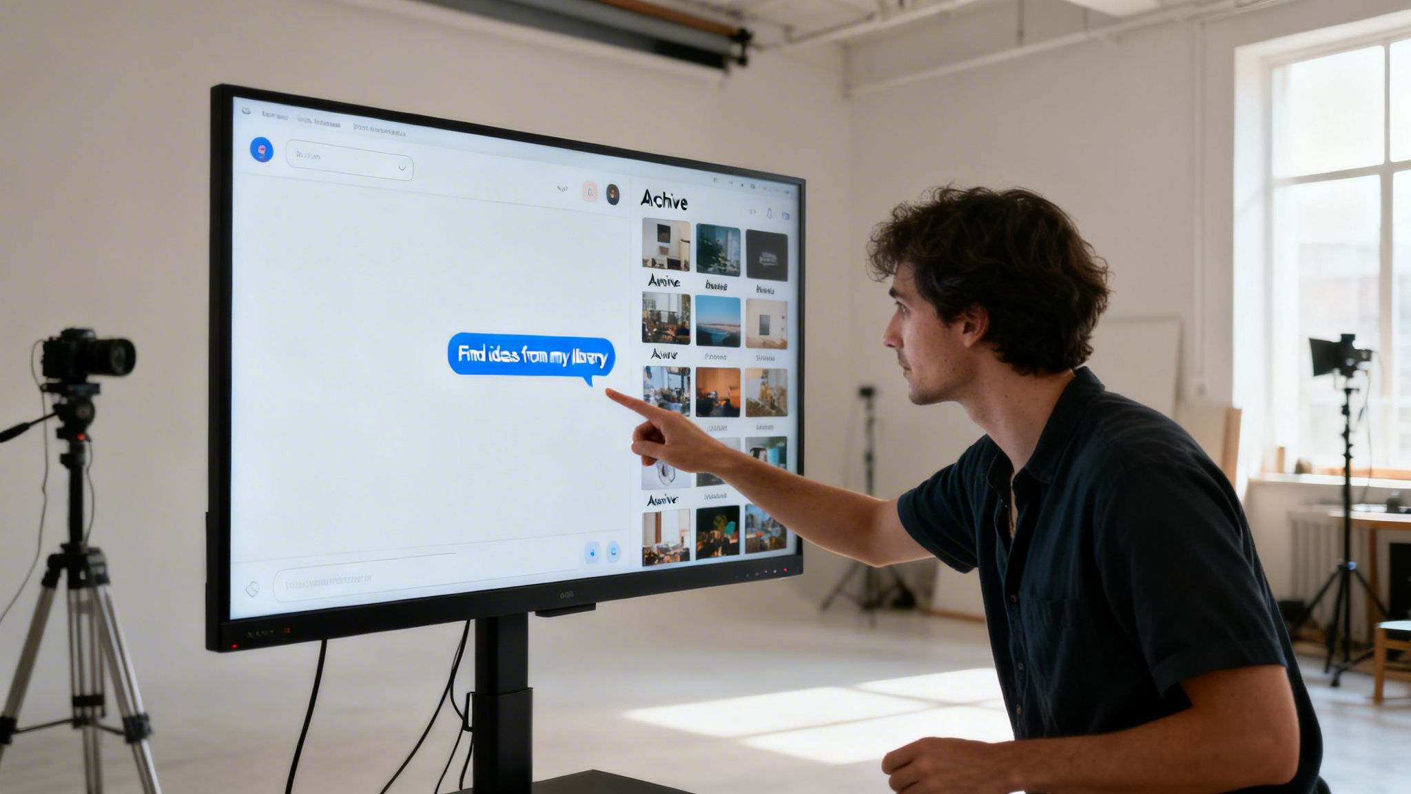 A man points at a large monitor displaying a digital library interface with 'Find ideas from my library' text.