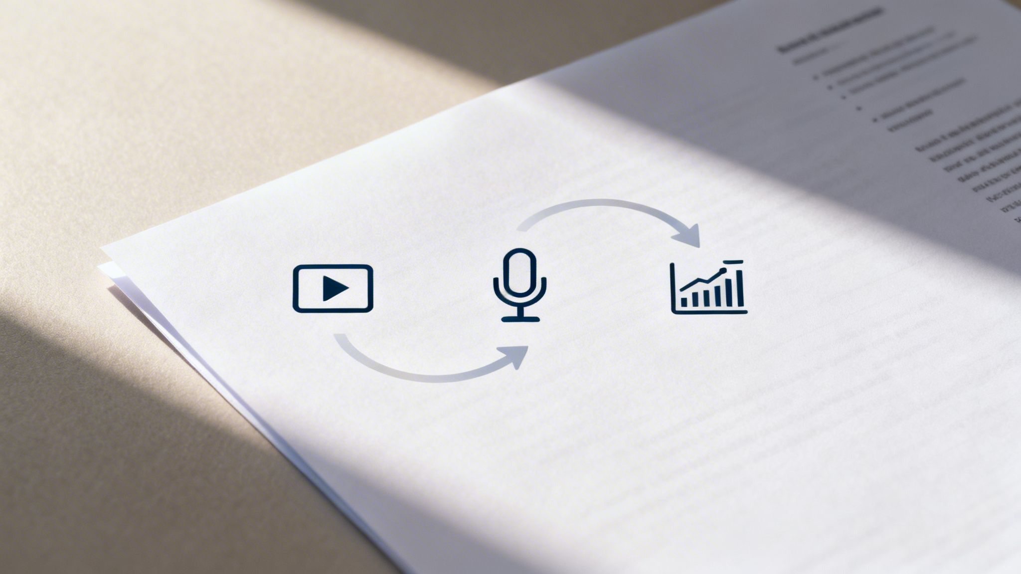 A conceptual illustration on paper showing icons of a video, microphone, and a growth chart graph connected by arrows.