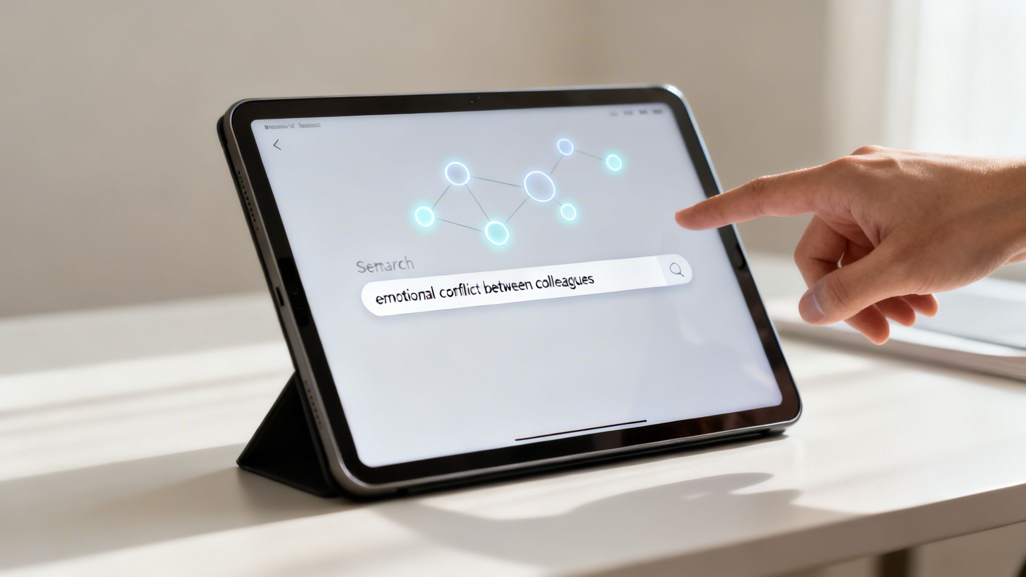 A person pointing at a digital tablet screen showing a search query about emotional conflict between colleagues.