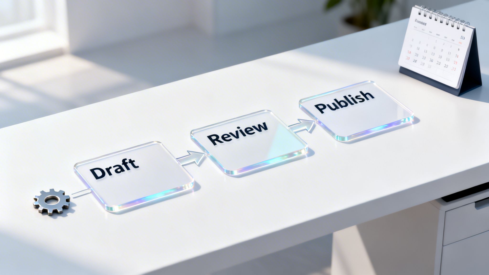 A conceptual desk setup displaying a three-step workflow of Draft, Review, and Publish on glass blocks.