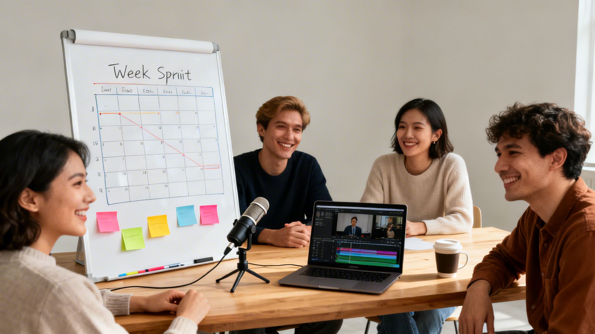 Four smiling young professionals in a meeting with a whiteboard displaying 'Week Sprint' and a laptop.
