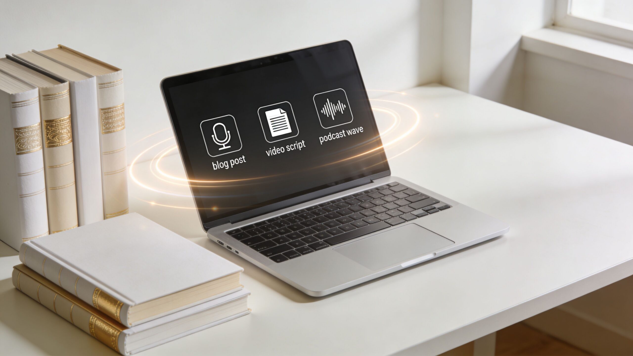 A modern laptop on a white desk surrounded by books, displaying icons for content creation tools.