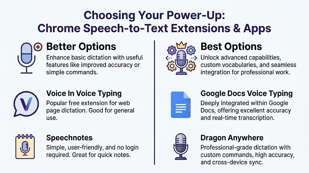 An infographic comparing various Chrome speech-to-text extensions and apps categorized into Better Options and Best Options.