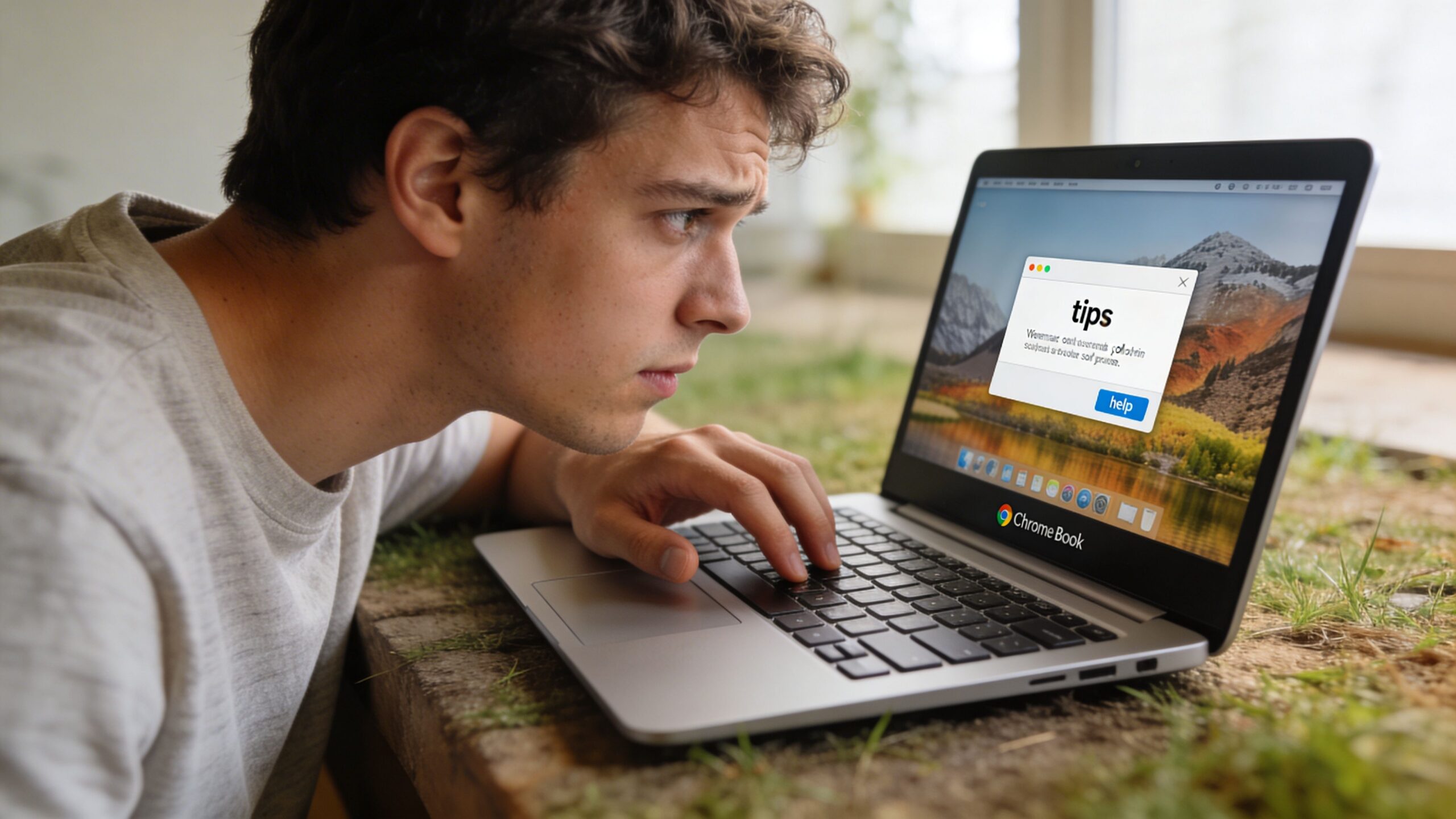 A young man looking intensely at a Chromebook screen displaying a tips window while sitting outdoors.