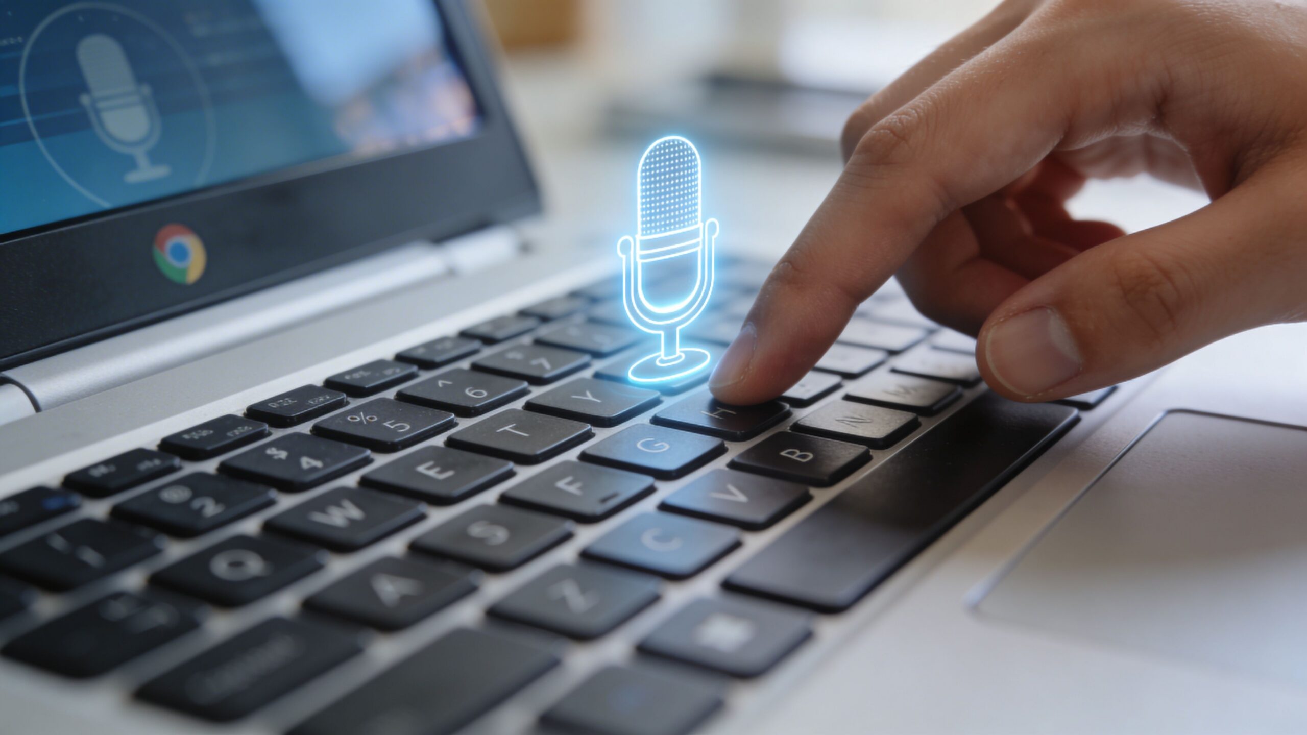 A close-up of a hand pressing a key on a Chromebook laptop keyboard with a digital microphone icon.