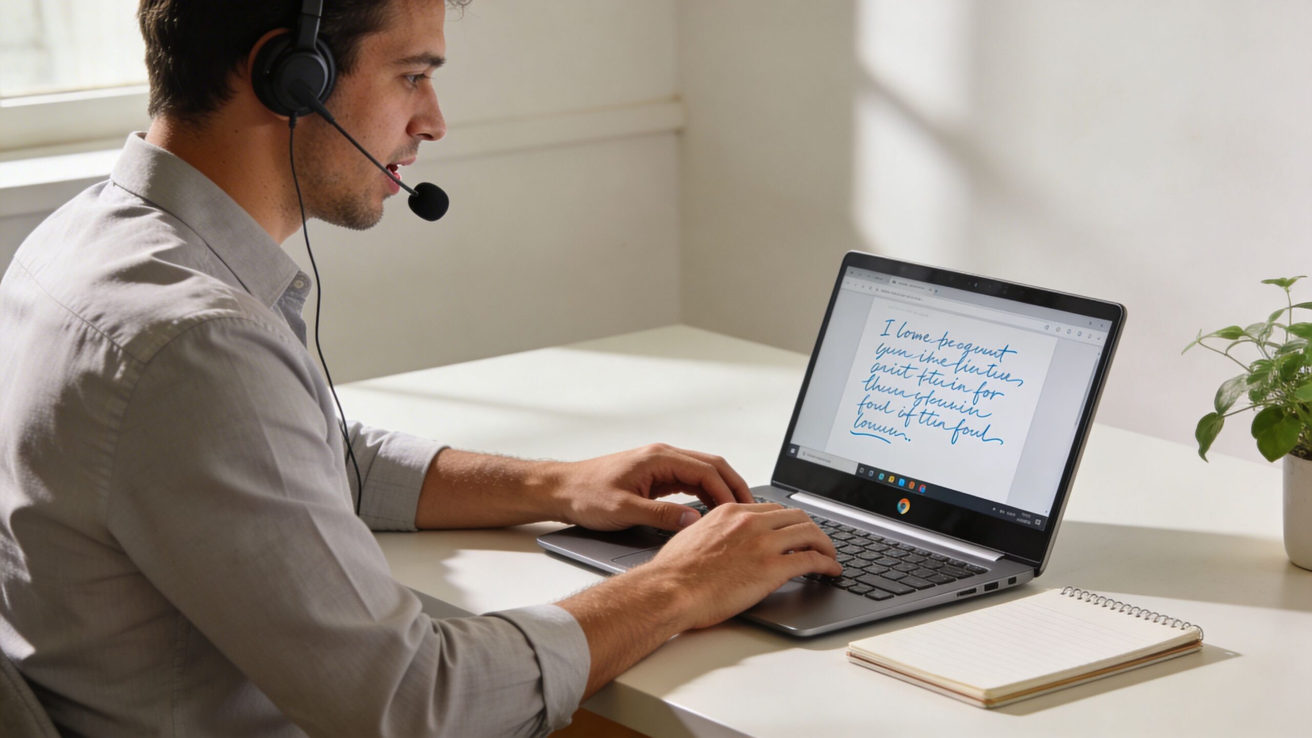 A professional man with a headset uses a Chromebook for speech-to-text dictation while working at his desk.