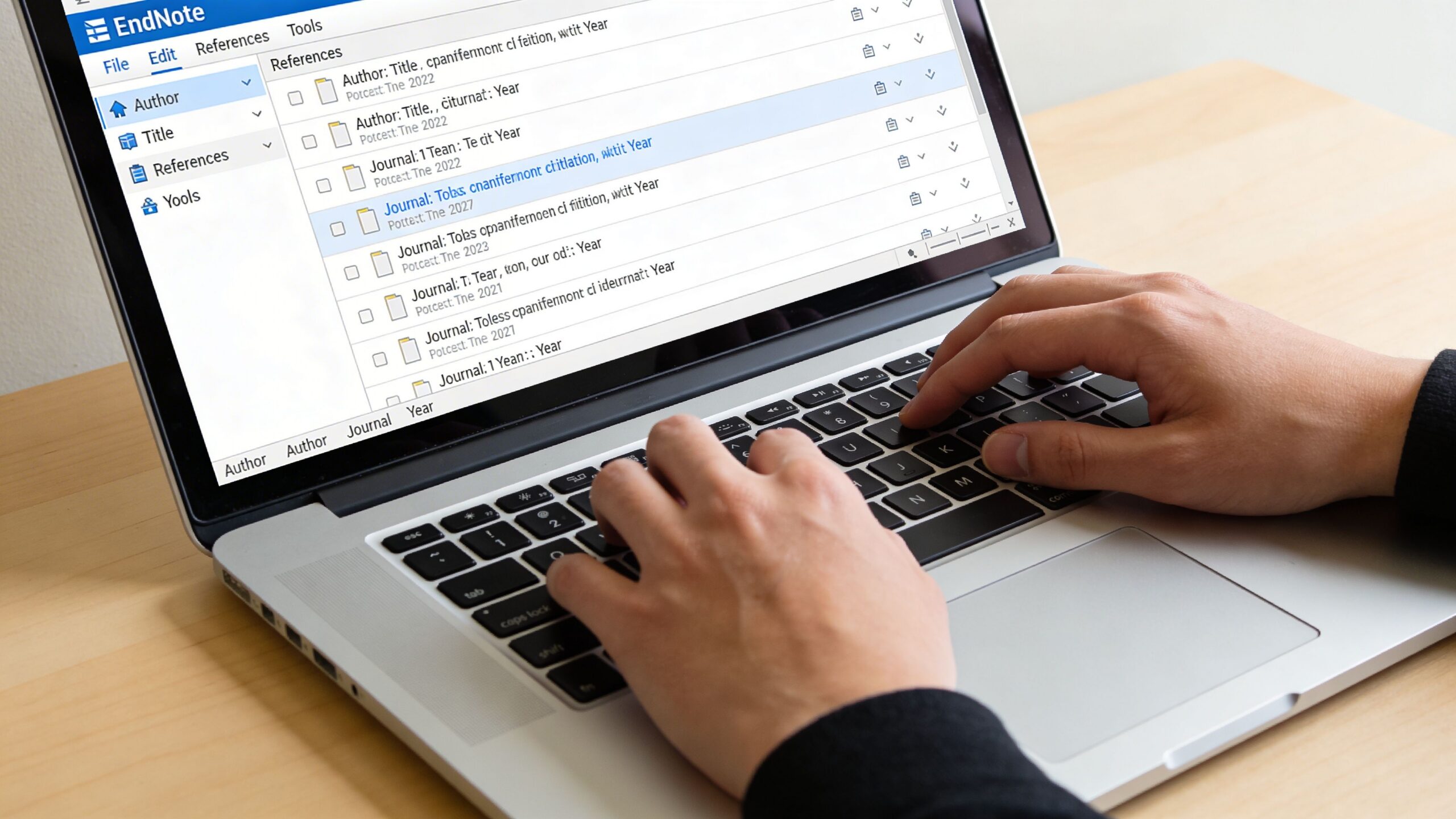 A person using a laptop to organize academic references and citations in the EndNote software interface.