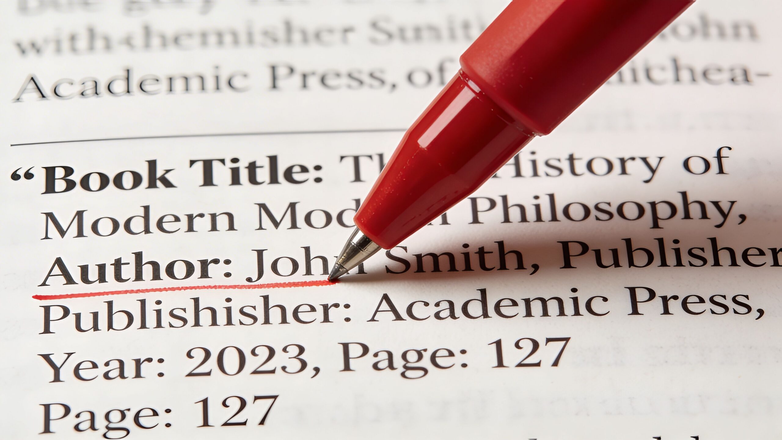 A red pen points to the author's name, John Smith, written on a printed page.