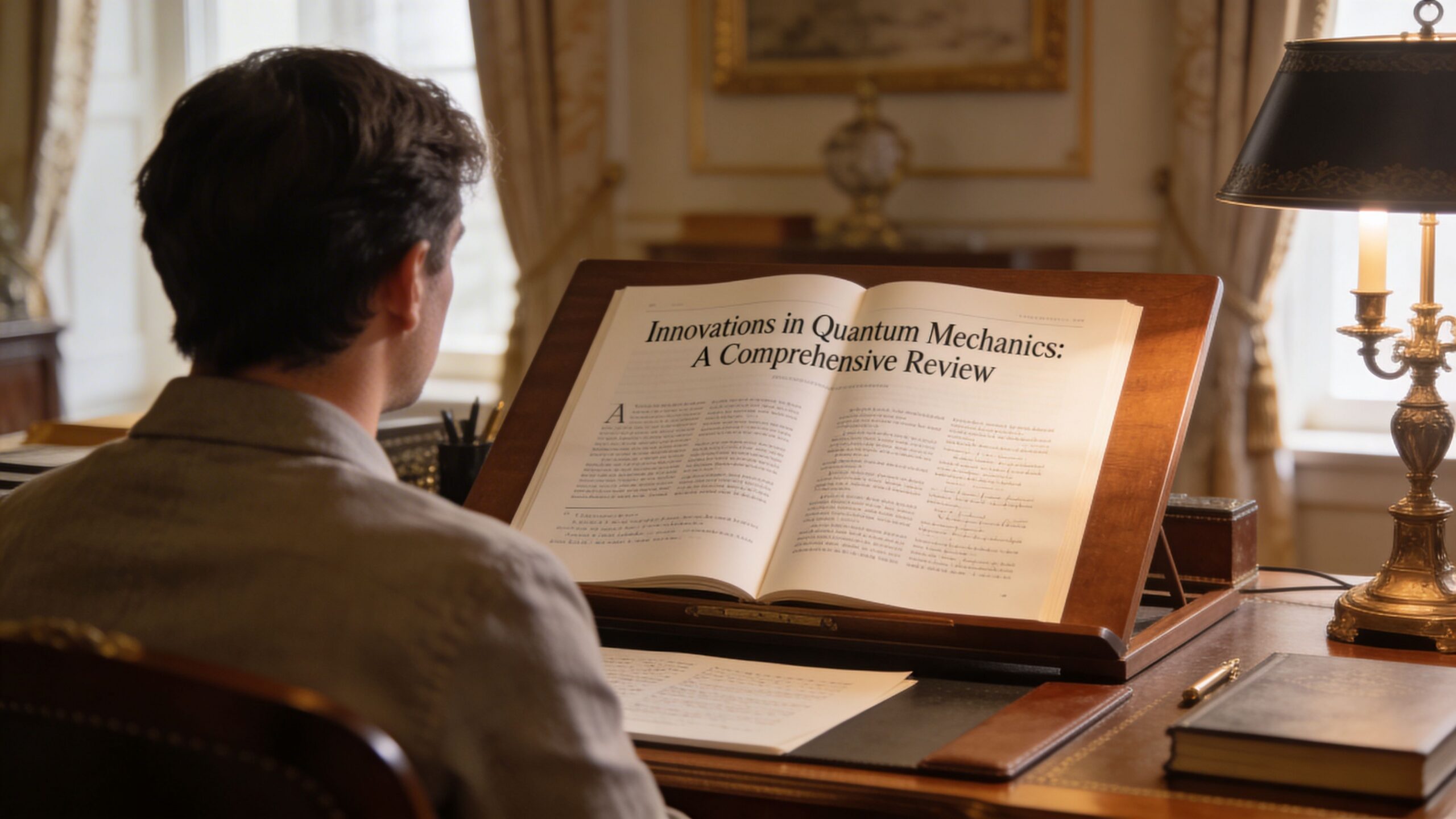 A man sits at a desk reading a book titled Innovations in Quantum Mechanics in a study.