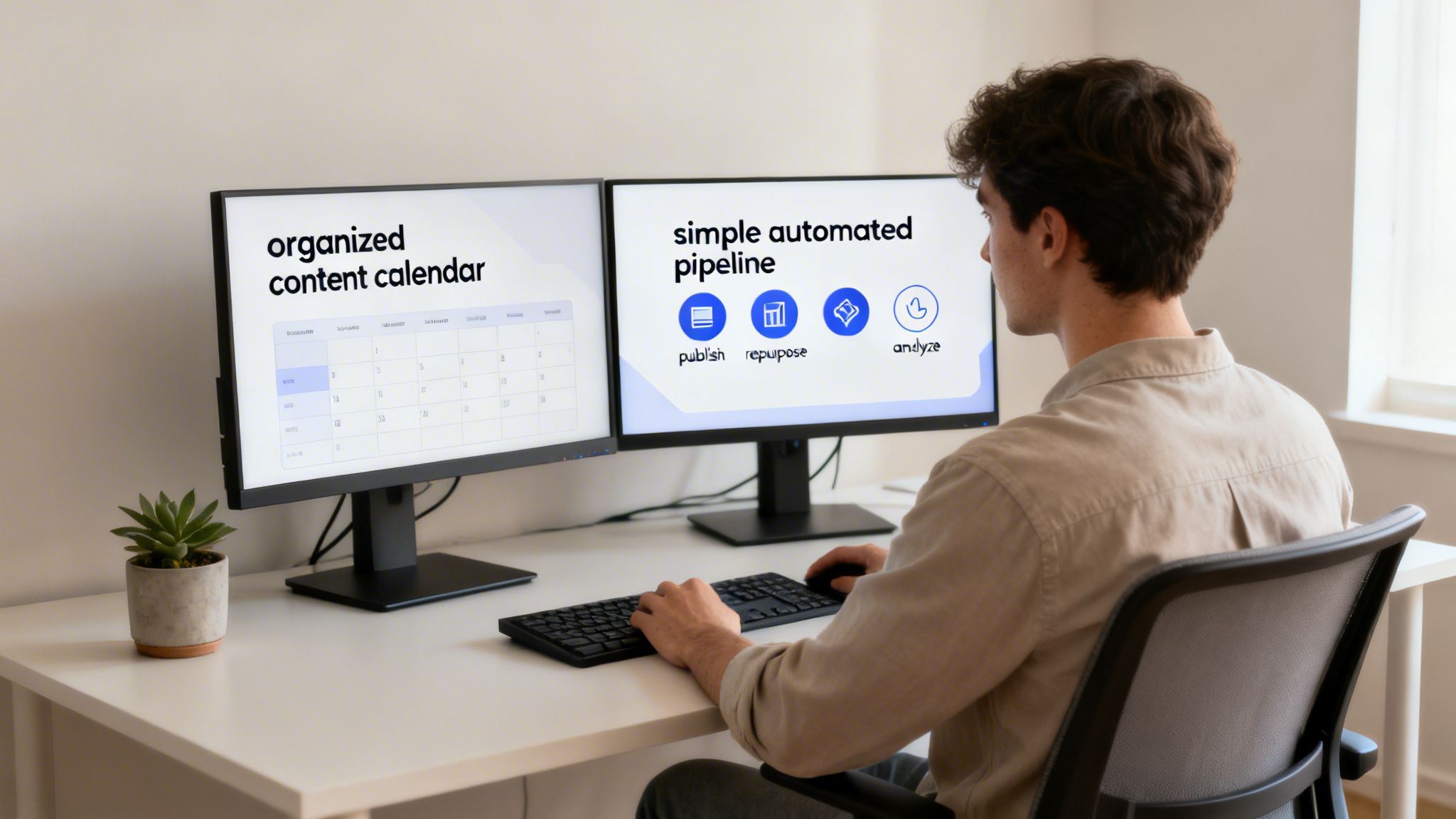 Man working at a desk with dual monitors displaying a content calendar and automated marketing pipeline.