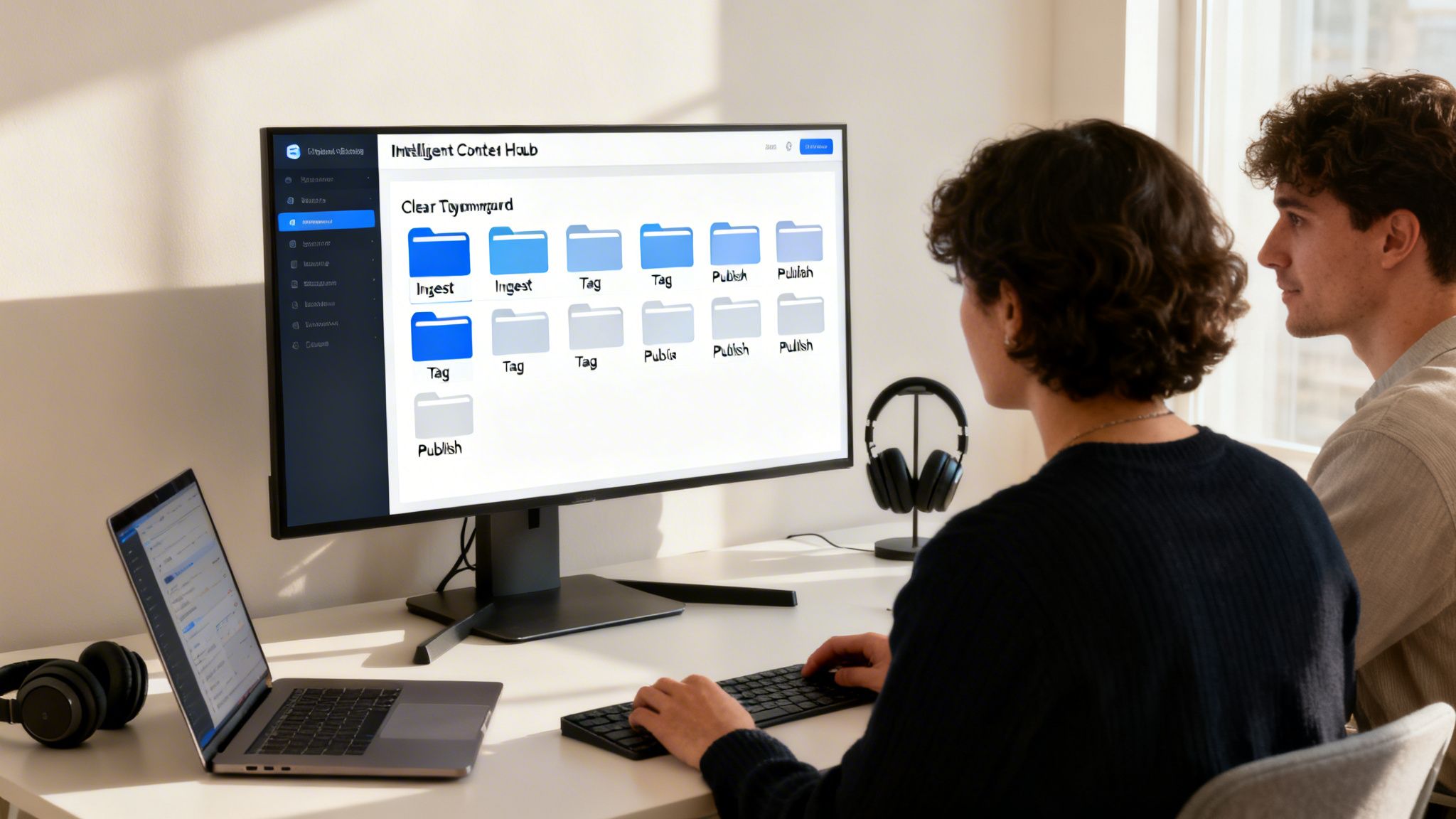 Two people working on a computer display showing a digital content hub with folders like 'Ingest' and 'Publish'.