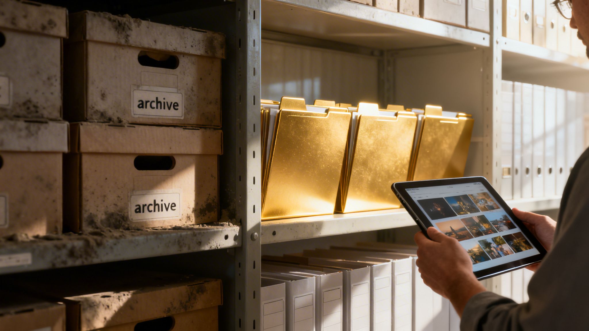 A person views digital assets on a tablet next to dusty archive boxes and modern files.