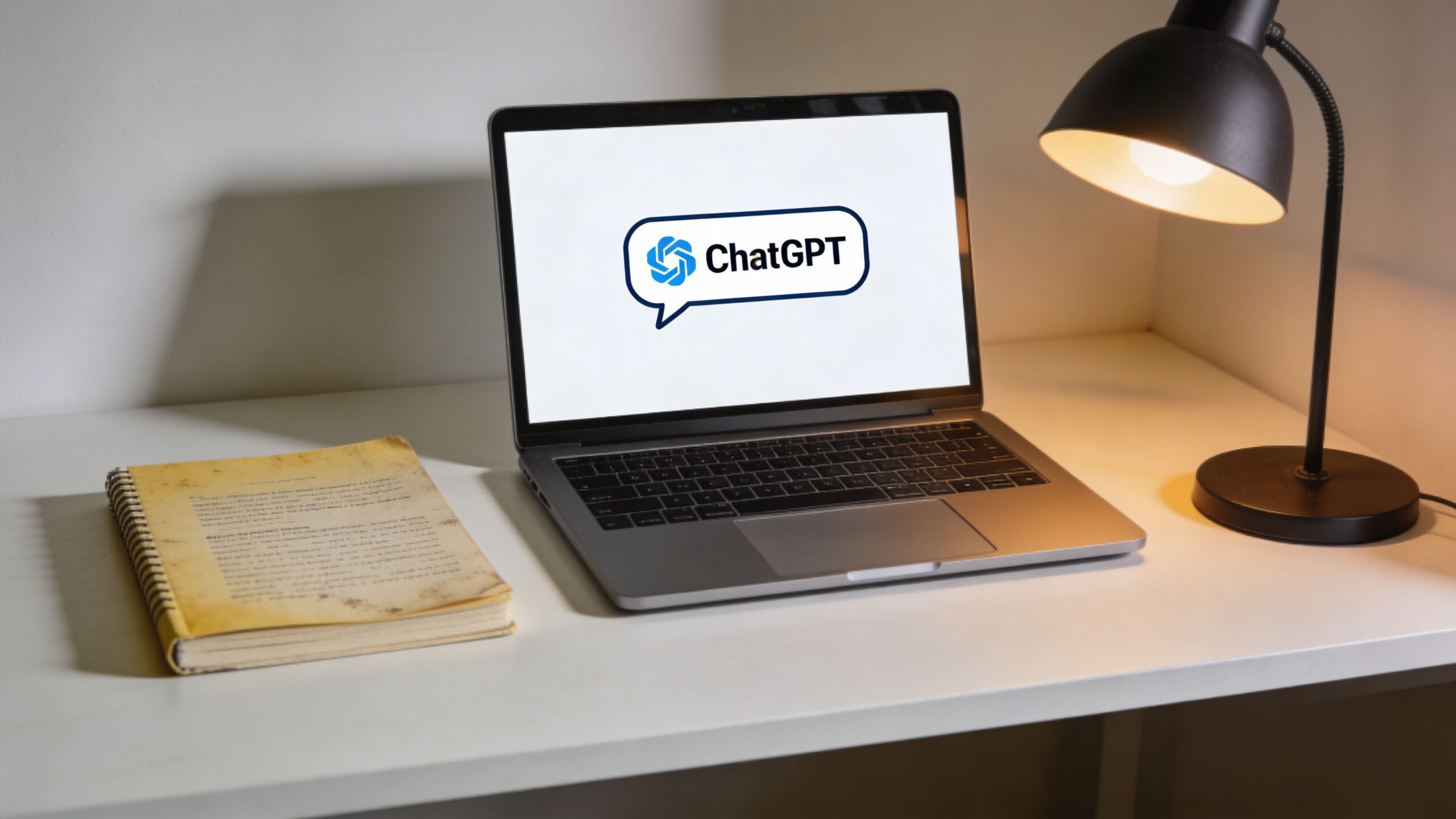 A laptop displaying the ChatGPT logo on its screen next to a vintage notebook and desk lamp.