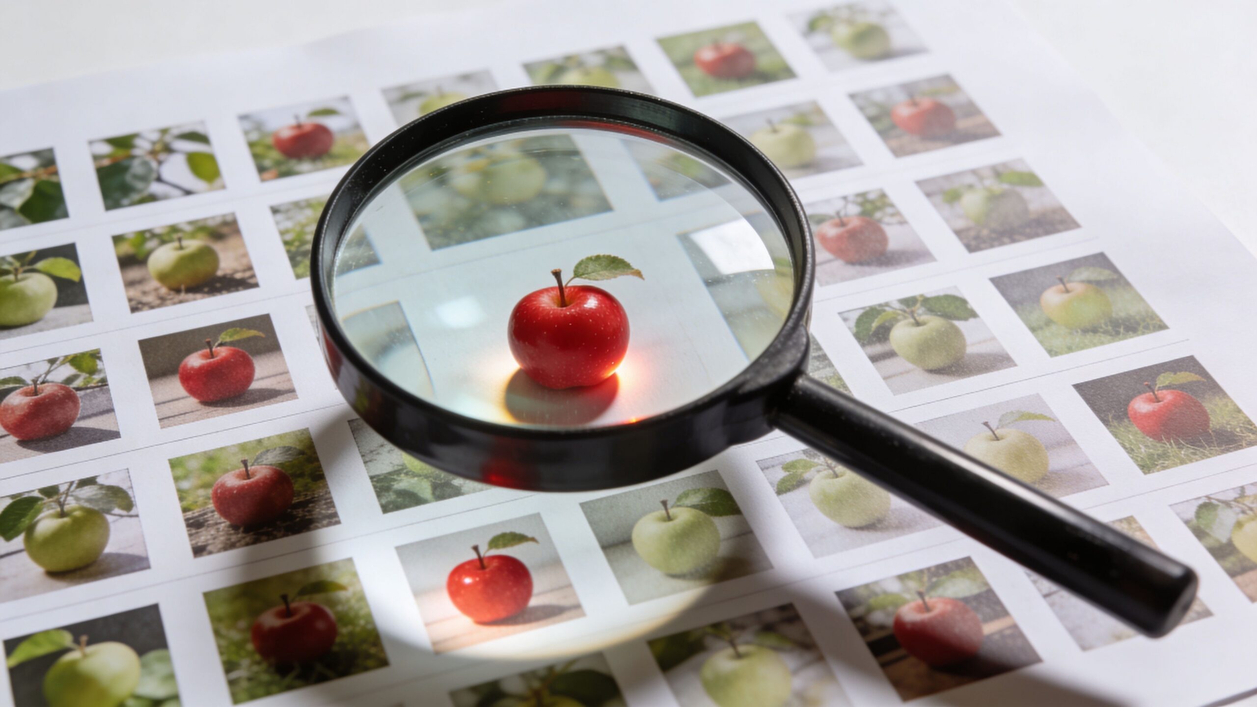 A magnifying glass focusing on a small red apple printed on a sheet of paper with apple images.